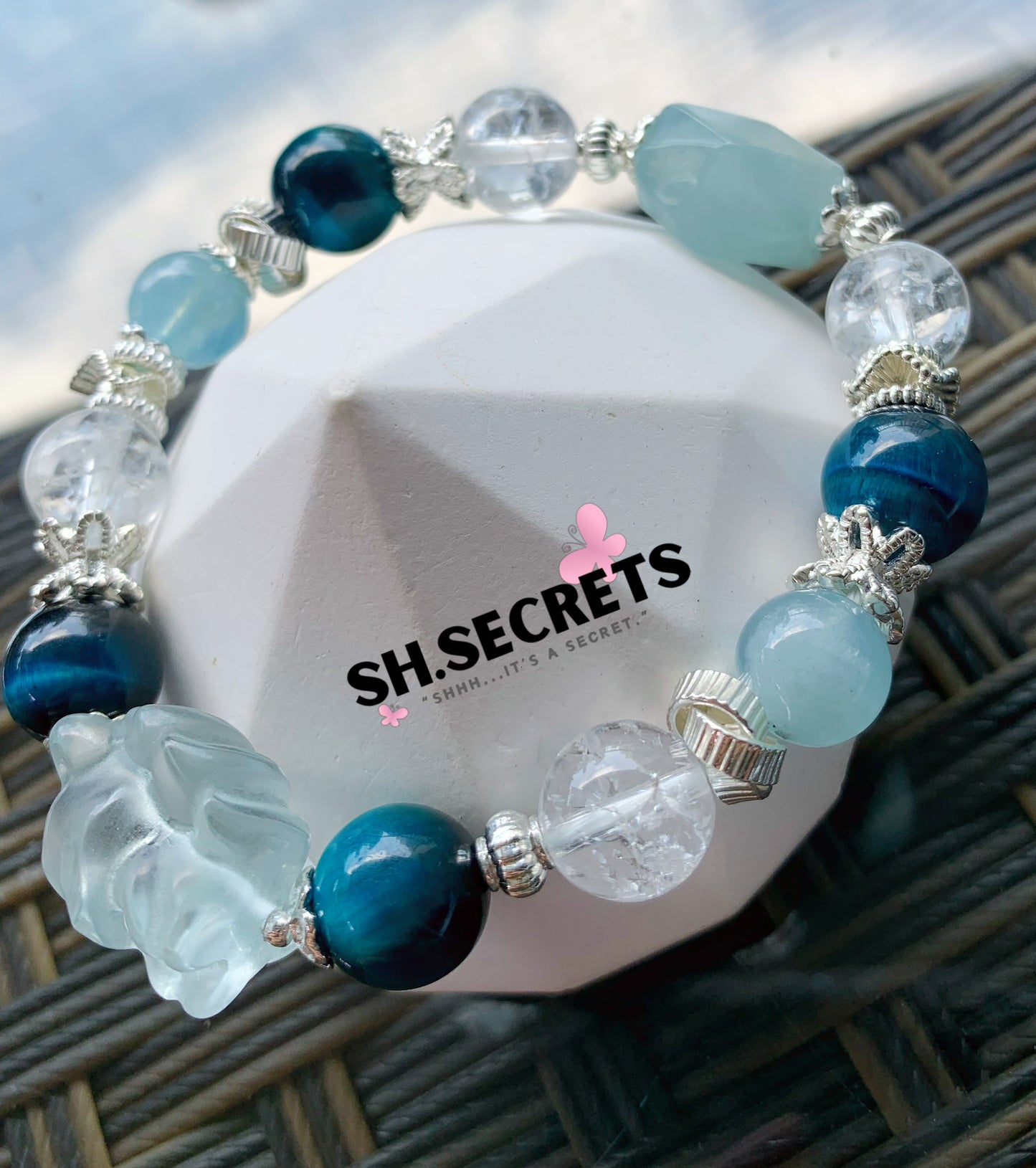 Blue Fluorite, Turquoise Tiger Eye, Crackled Quartz, Aquamarine