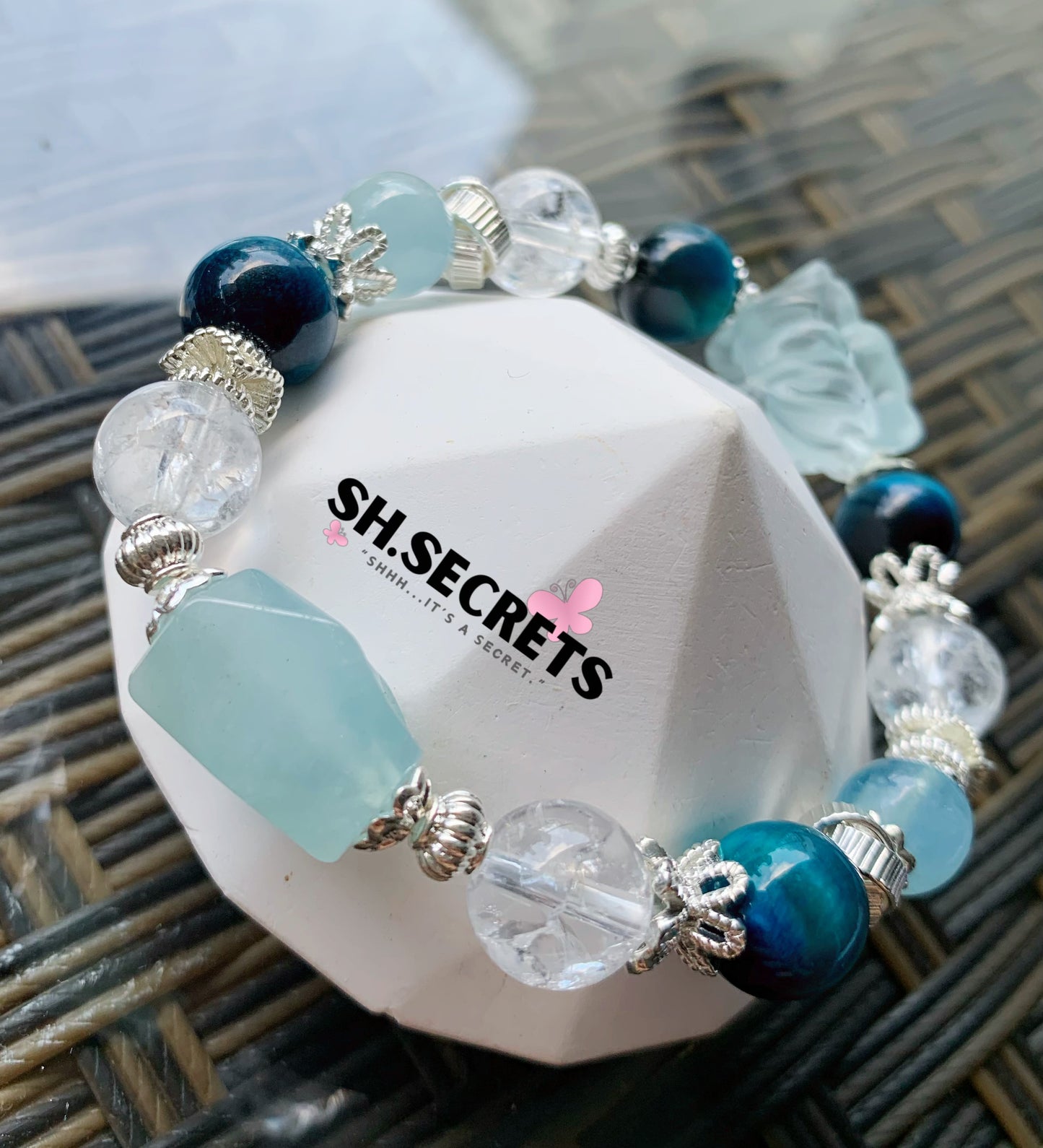 Blue Fluorite, Turquoise Tiger Eye, Crackled Quartz, Aquamarine