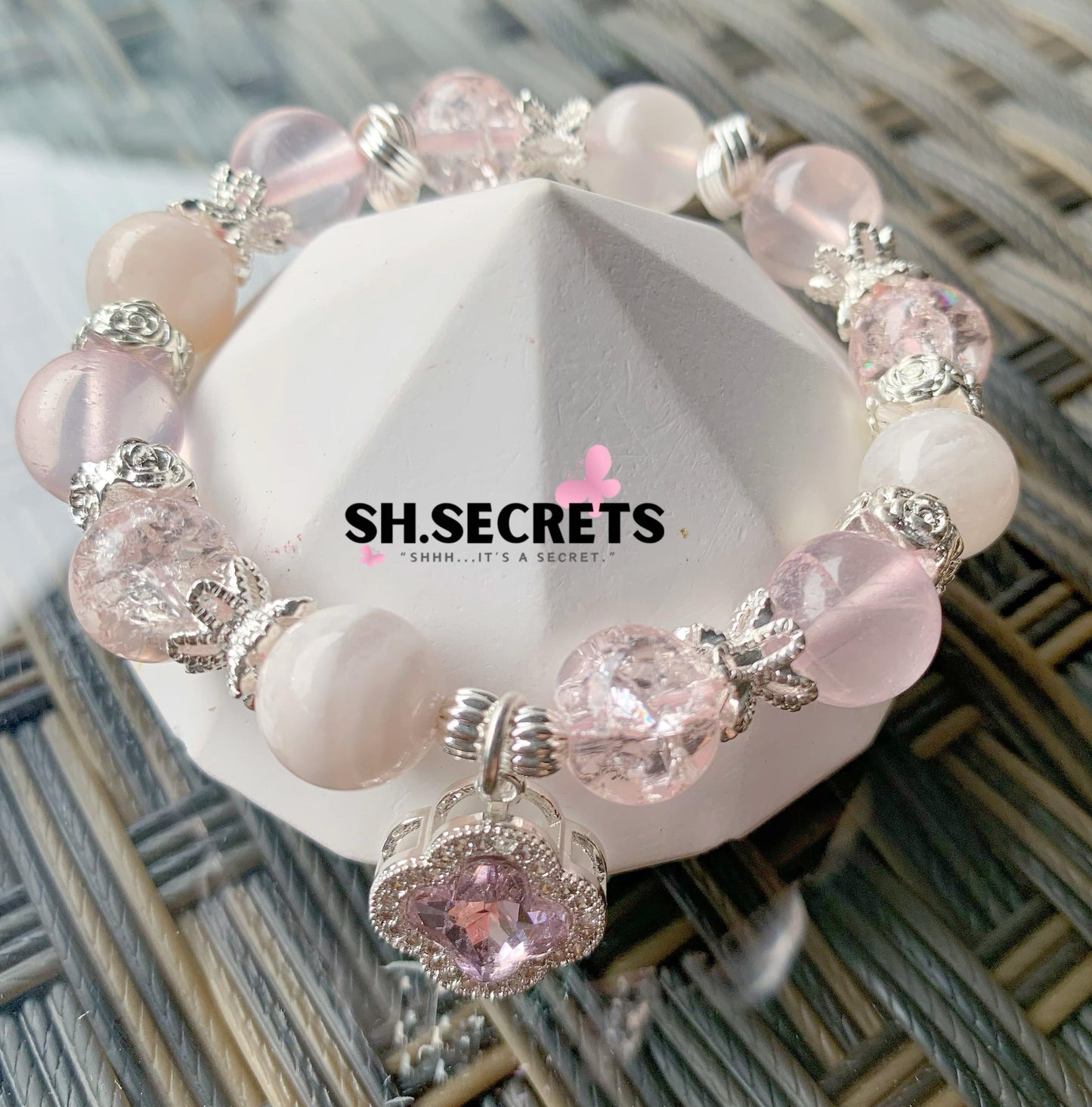 Pink Snowflake Phantom, Rose Quartz, Crackled Quartz (Pink)
