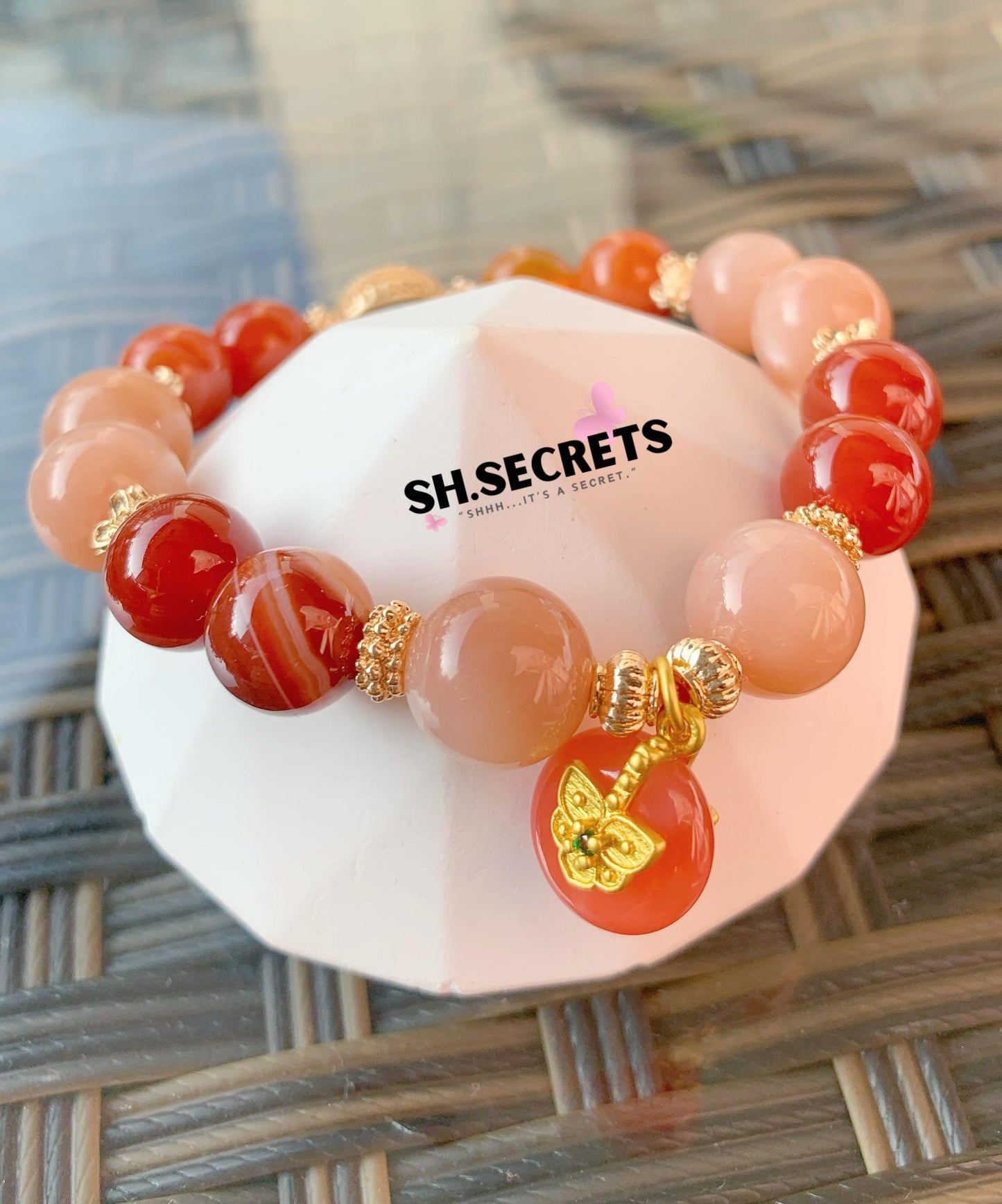 Peach Moonstone, Carnelian, Yanyuan Agate Ping An Kou