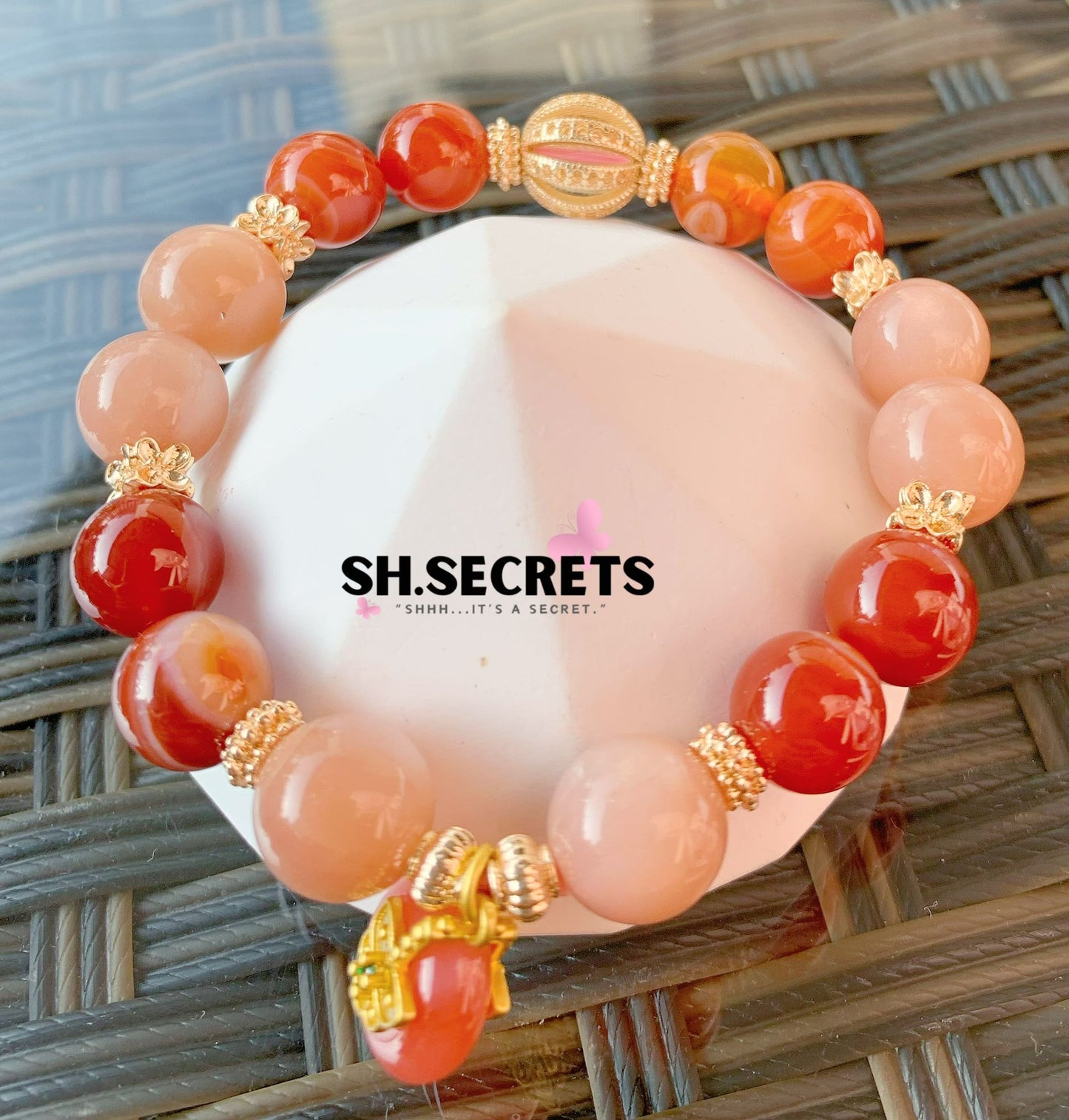 Peach Moonstone, Carnelian, Yanyuan Agate Ping An Kou