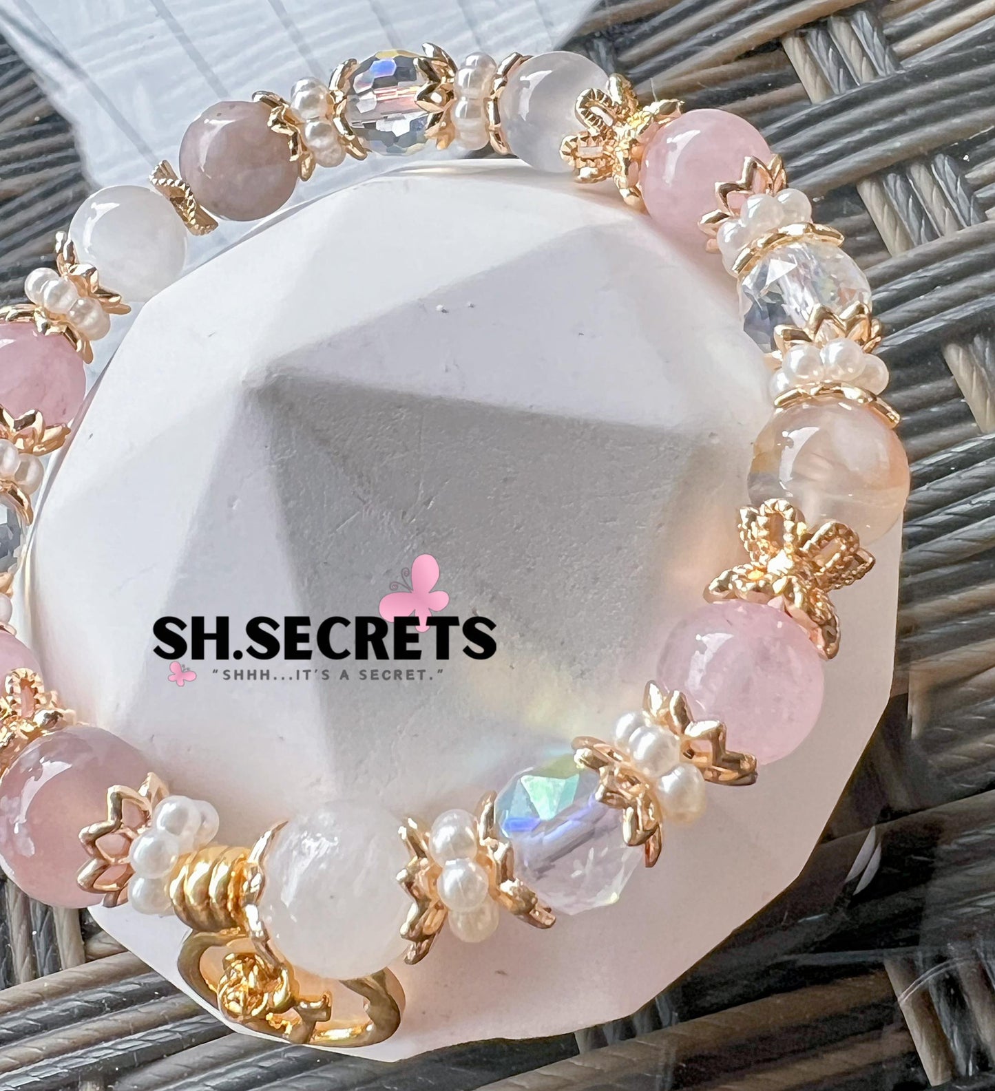 Rose Quartz, White Selenite, Blue Sakura Agate