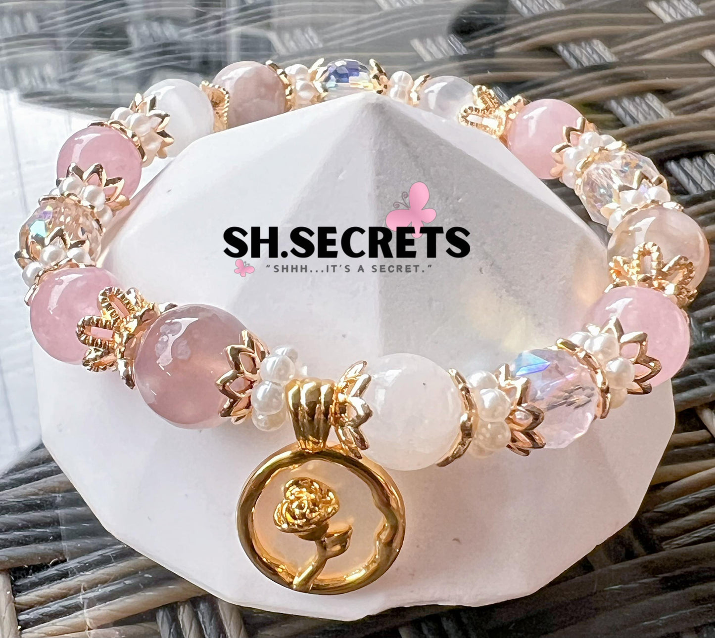 Rose Quartz, White Selenite, Blue Sakura Agate