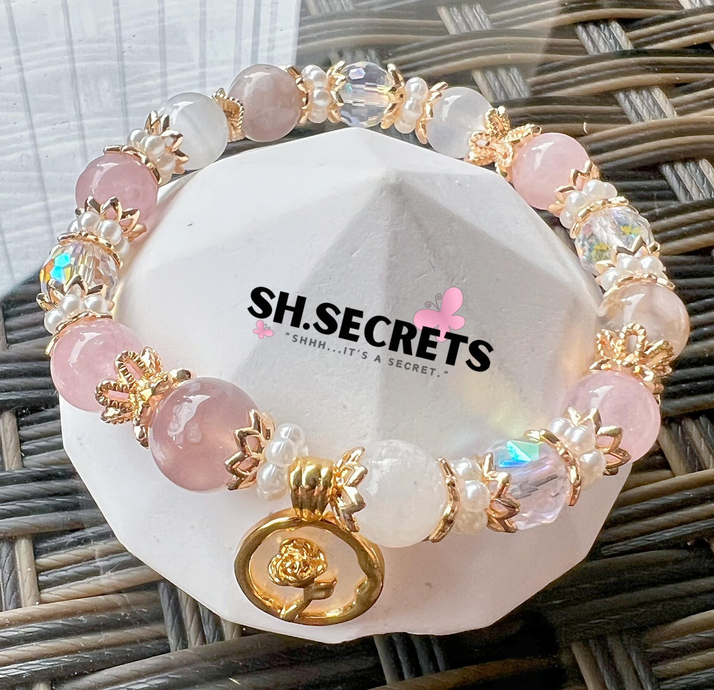 Rose Quartz, White Selenite, Blue Sakura Agate