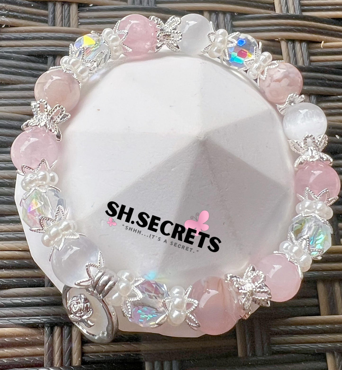 Rose Quartz, White Selenite, Blue Sakura Agate