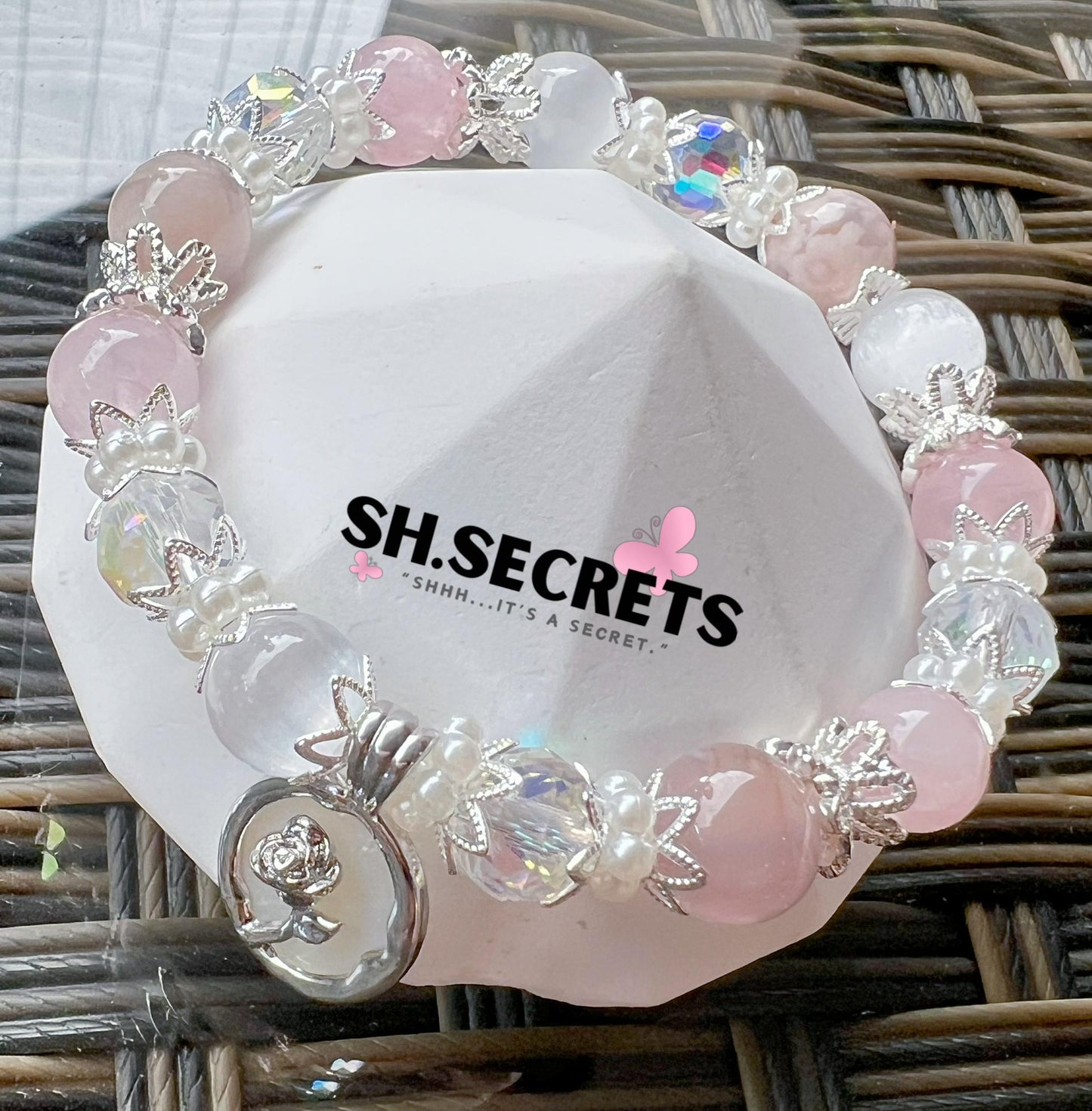 Rose Quartz, White Selenite, Blue Sakura Agate