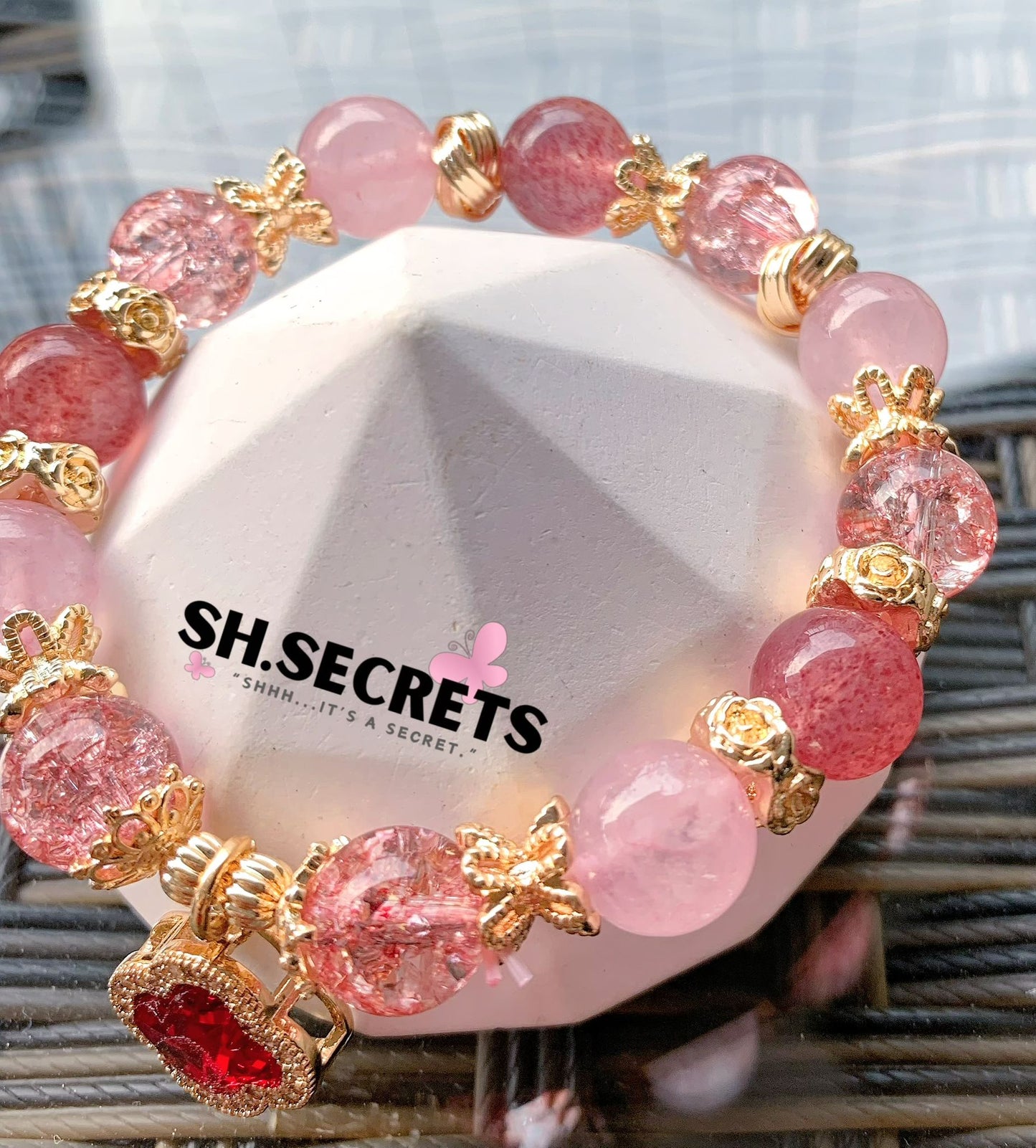 Premium Strawberry Quartz, Rose Quartz, Crackled Quartz (Red)