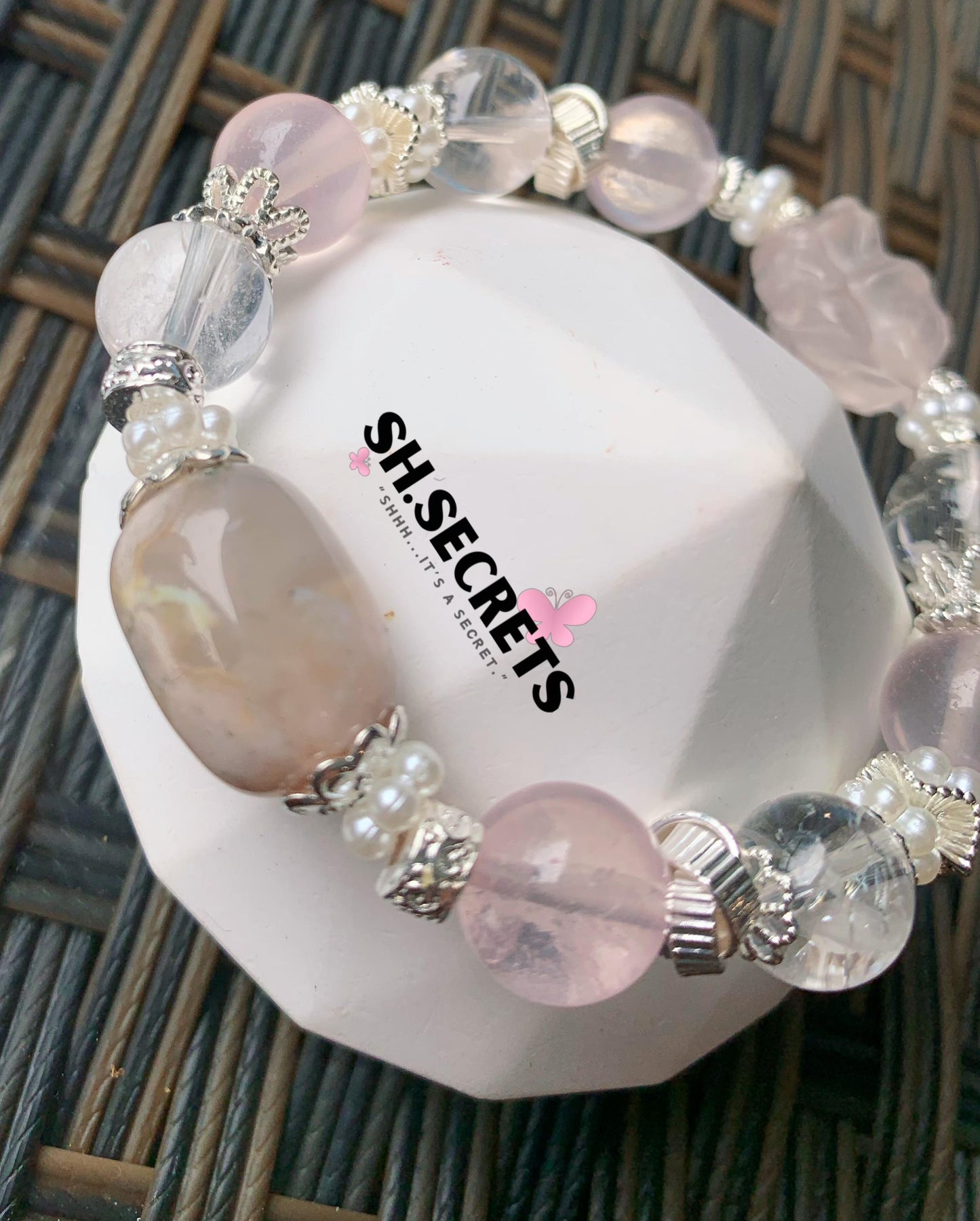 Premium White Snowflake Phantom, Sakura Agate, Rose Quartz, Crackled Clear Quartz