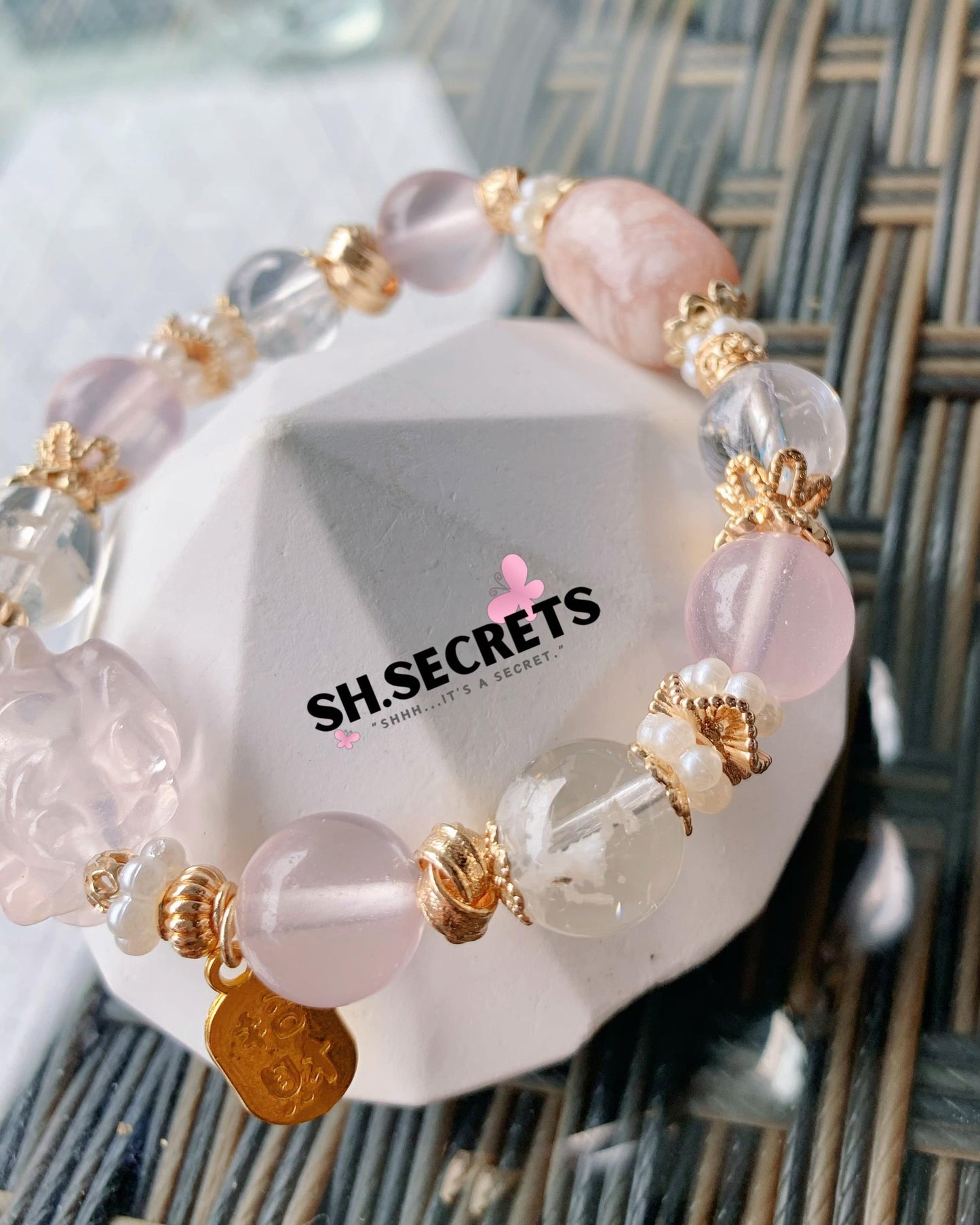 Premium White Snowflake Phantom, Sakura Agate, Rose Quartz, Crackled Clear Quartz