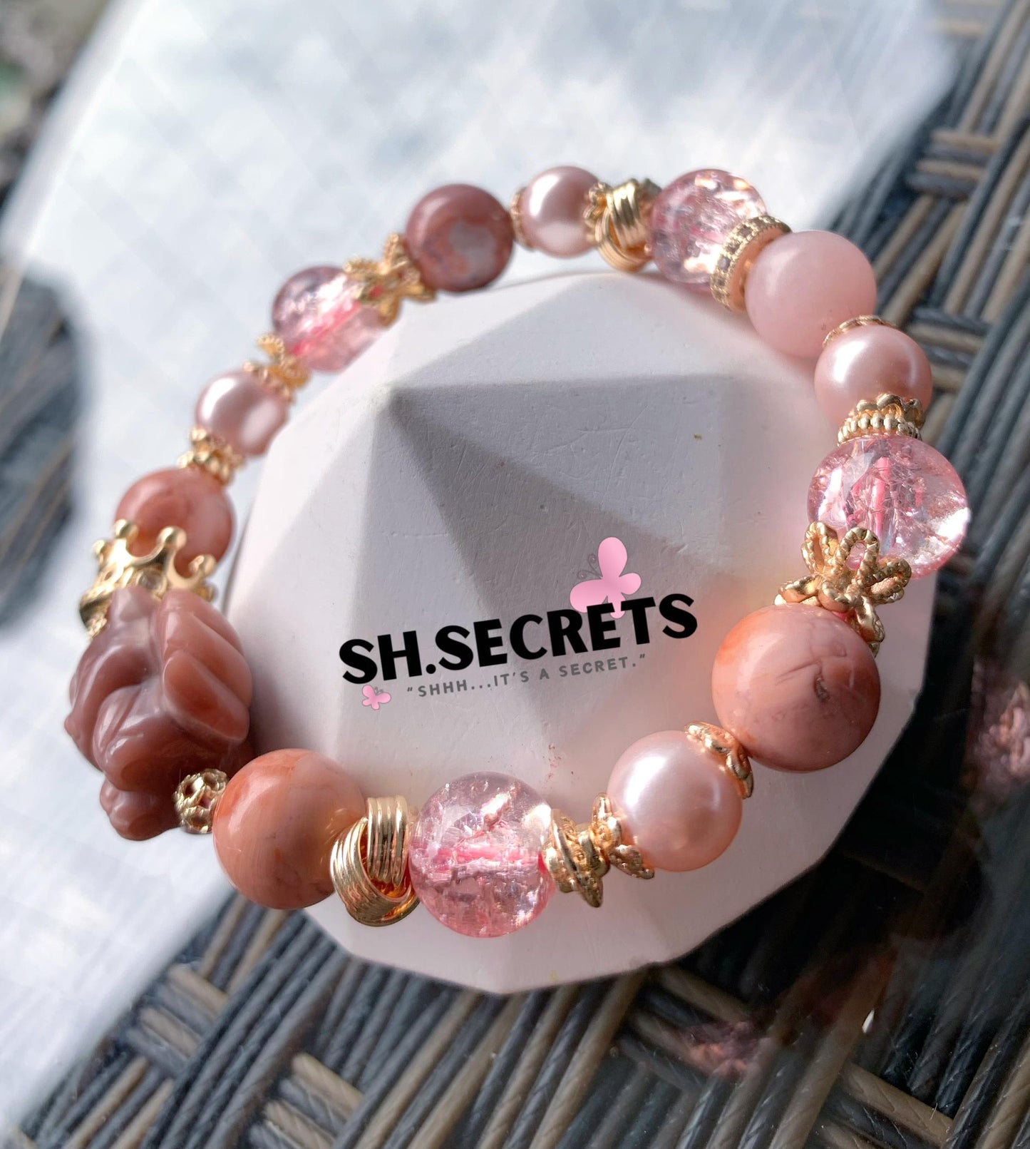 Alashan Agate, Flower Agate, Pink Morganite, Crackled Quartz (Red)