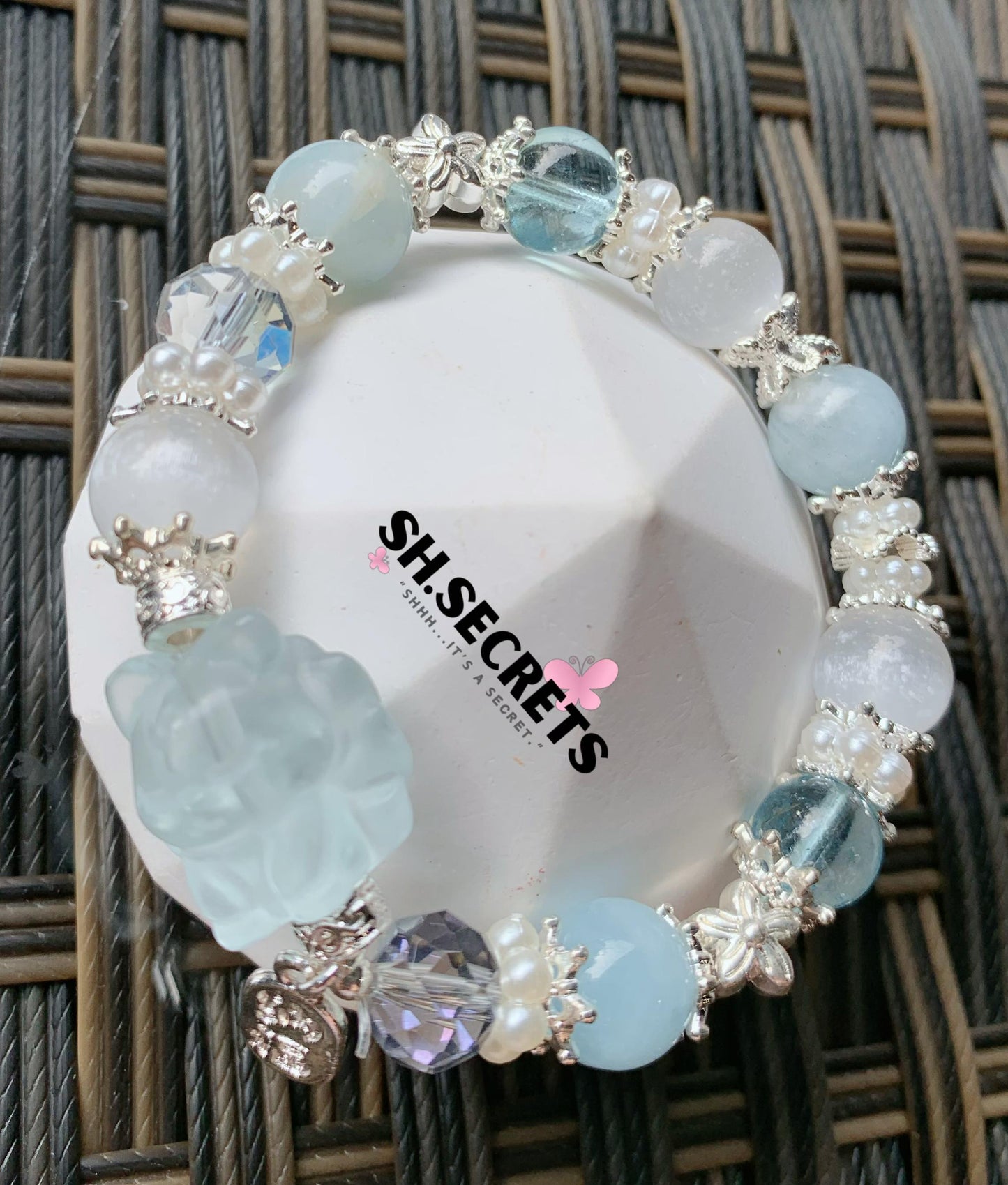 Aquamarine, Blue Fluorite, White Selenite, Crackled Quartz (Blue)