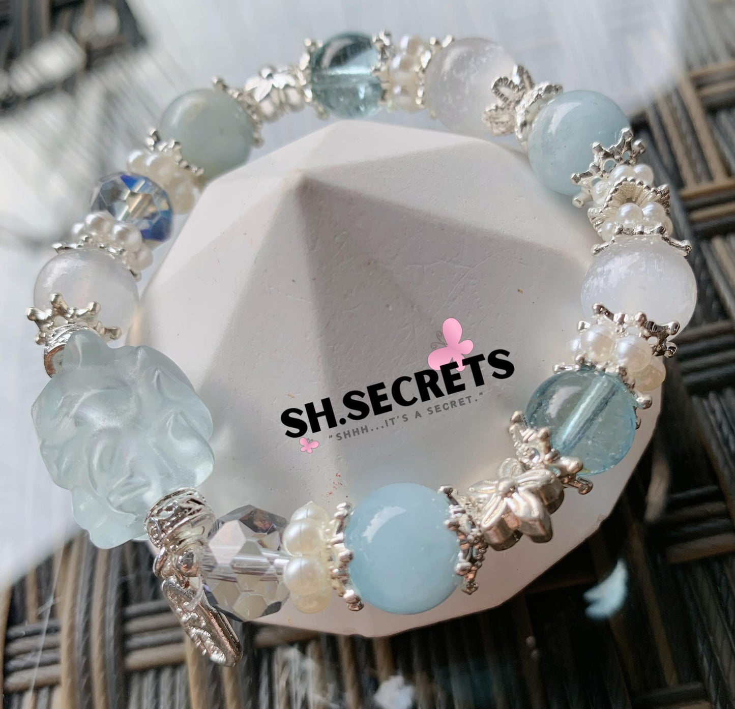 Aquamarine, Blue Fluorite, White Selenite, Crackled Quartz (Blue)