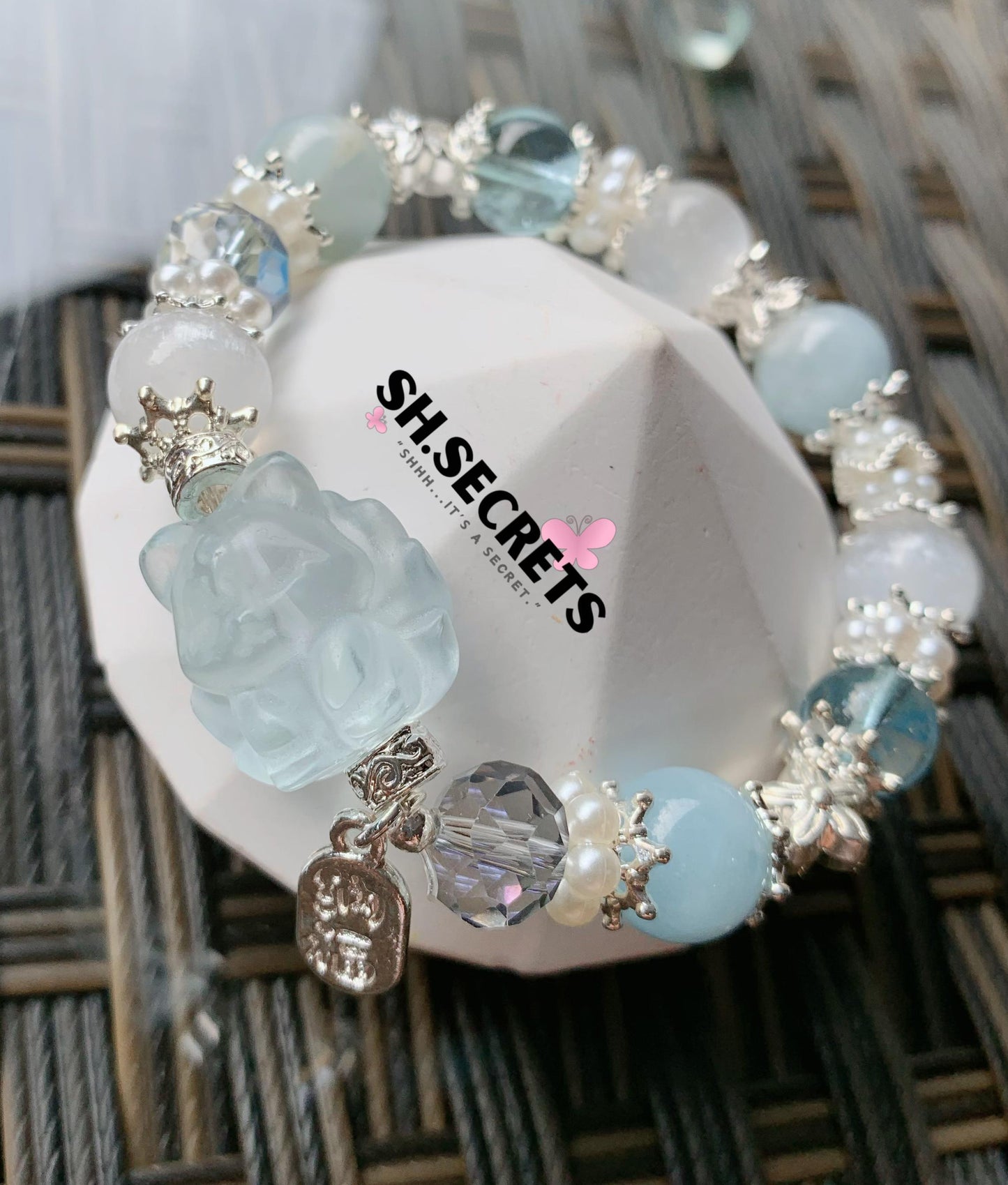 Aquamarine, Blue Fluorite, White Selenite, Crackled Quartz (Blue)