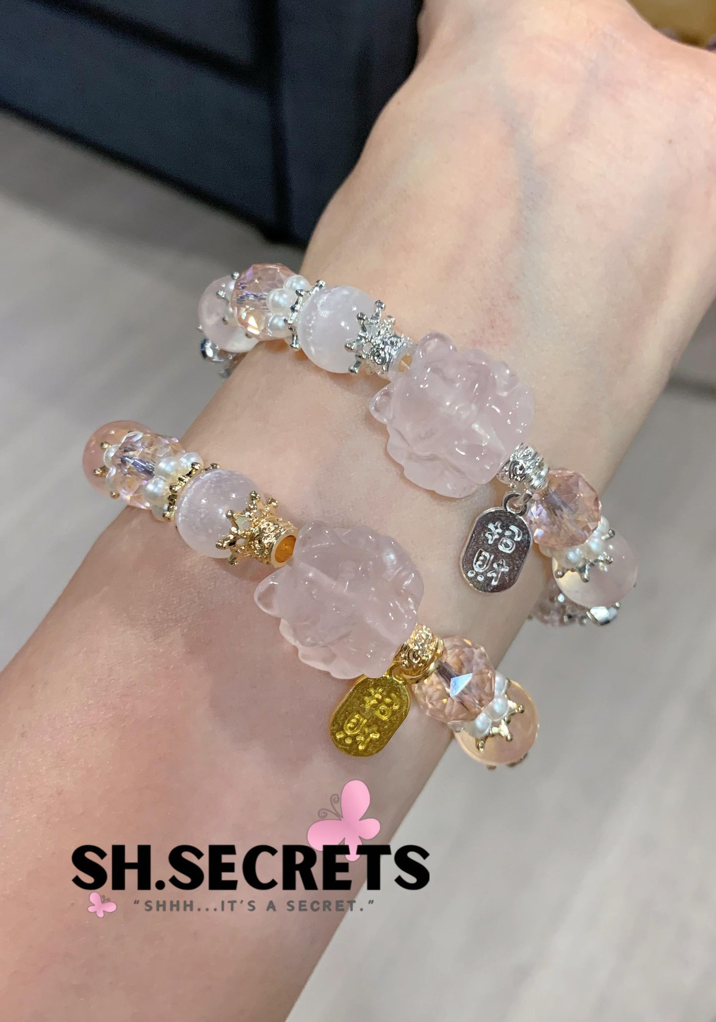 Rose Quartz, White Selenite, Crackled Quartz (Pink)