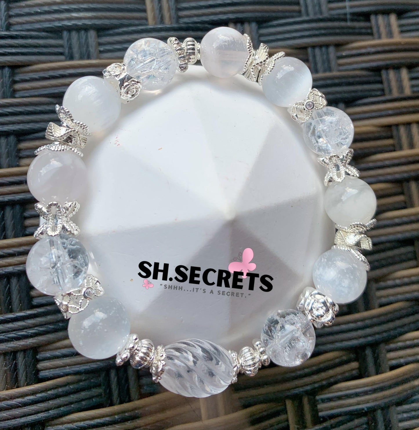Clear Quartz, White Snowflake Phantom, White Selenite, Crackled Clear Quartz