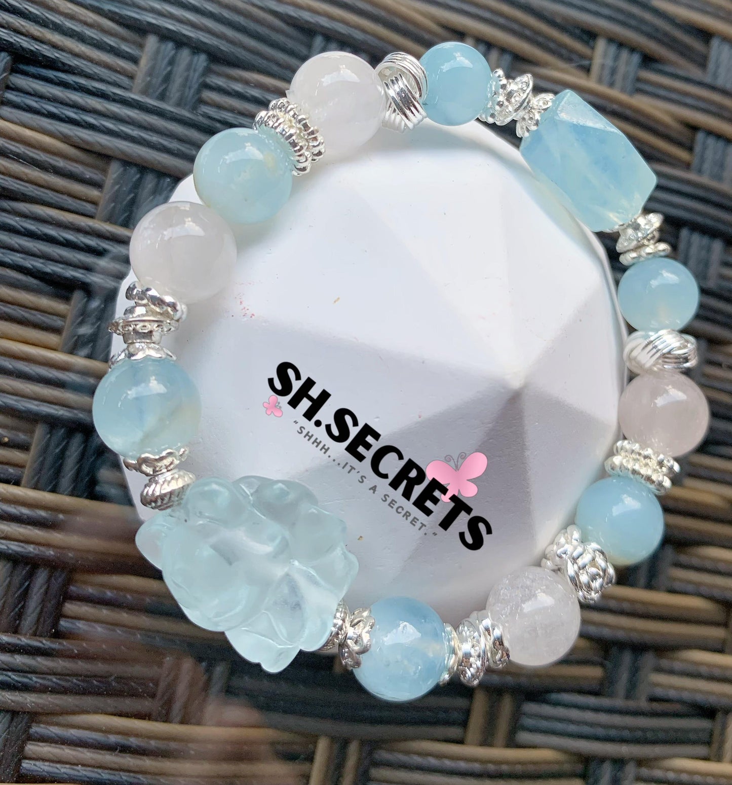 Aquamarine, Blue Fluorite, White Rabbit Hair