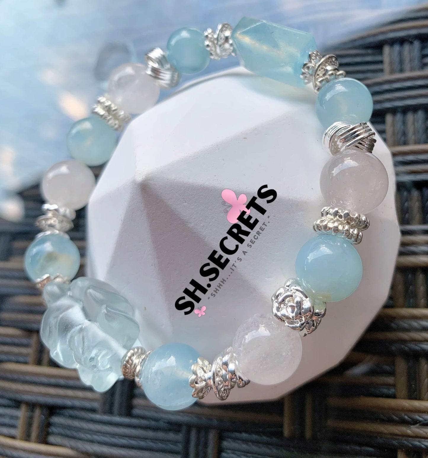 Aquamarine, Blue Fluorite, White Rabbit Hair