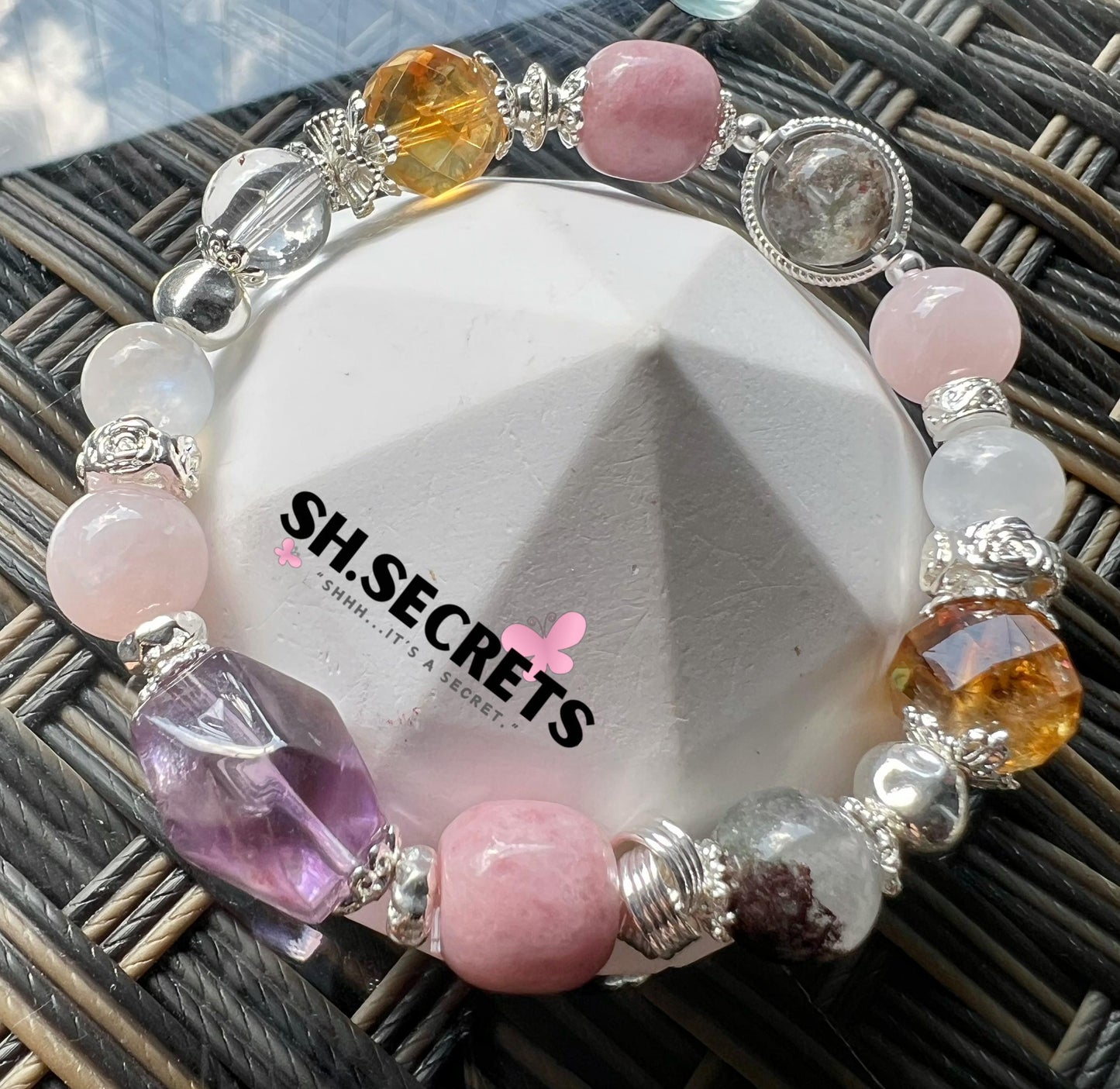 Amethyst, Green Phantom, Pink Chalcedony, Rose Quartz, Blue-Sheen Moonstone, Citrine