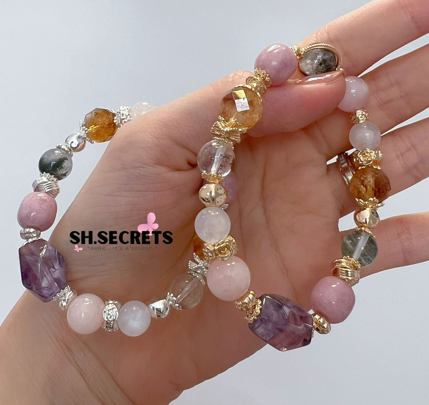 Amethyst, Green Phantom, Pink Chalcedony, Rose Quartz, Blue-Sheen Moonstone, Citrine