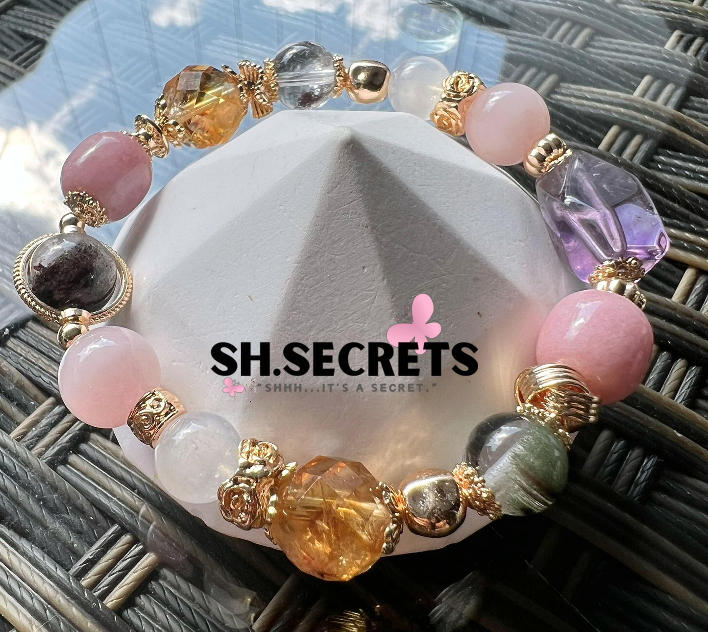 Amethyst, Green Phantom, Pink Chalcedony, Rose Quartz, Blue-Sheen Moonstone, Citrine