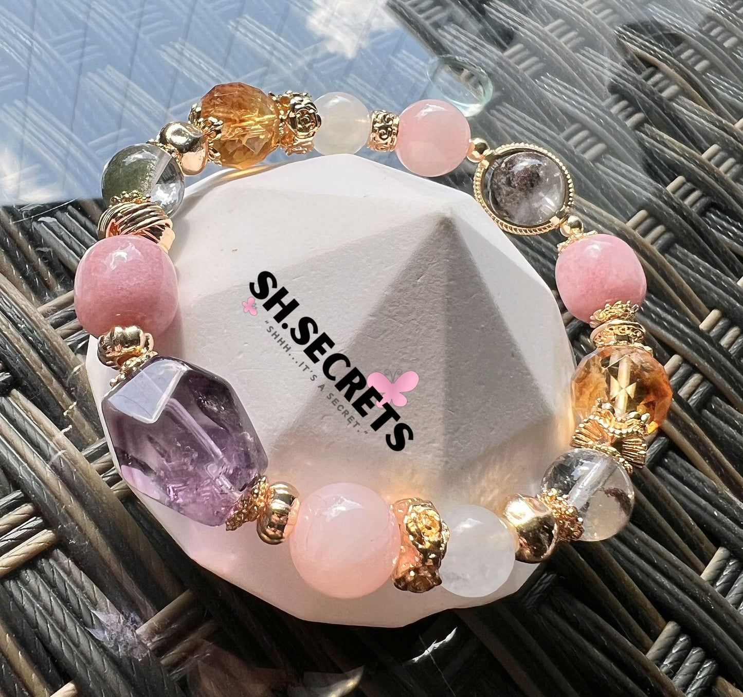 Amethyst, Green Phantom, Pink Chalcedony, Rose Quartz, Blue-Sheen Moonstone, Citrine