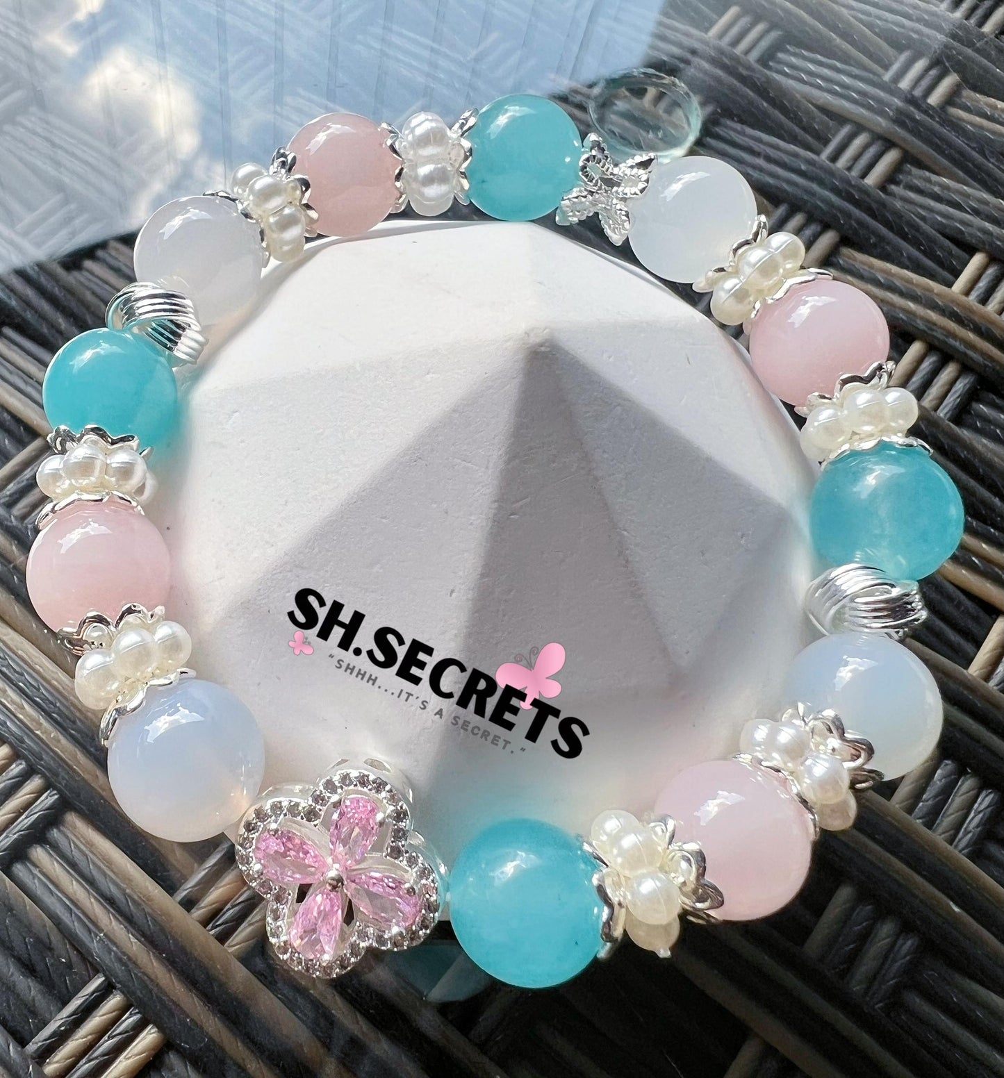 Blue Chalcedony, Lychee Agate, Rose Quartz