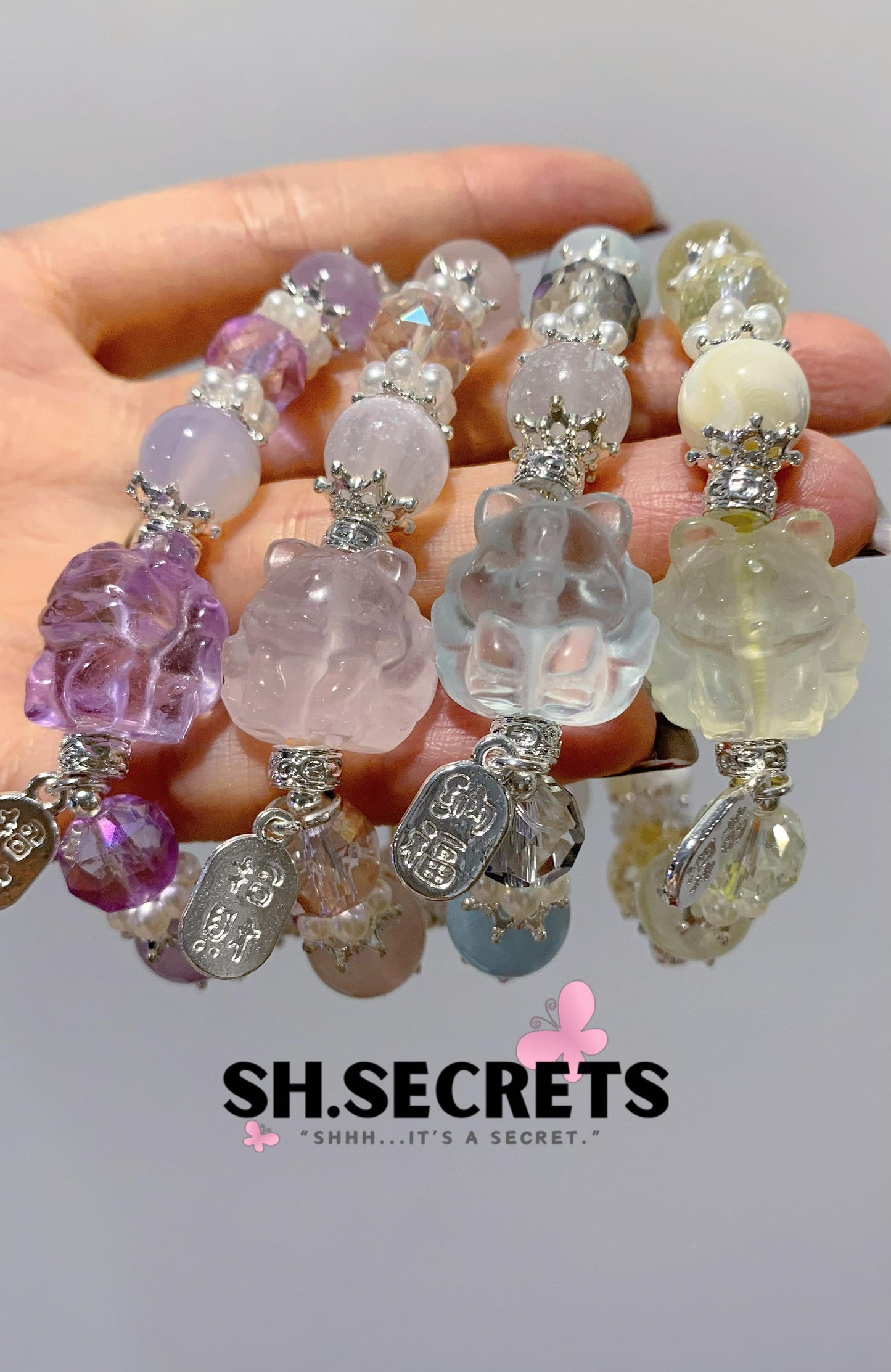 Rose Quartz, White Selenite, Crackled Quartz (Pink)