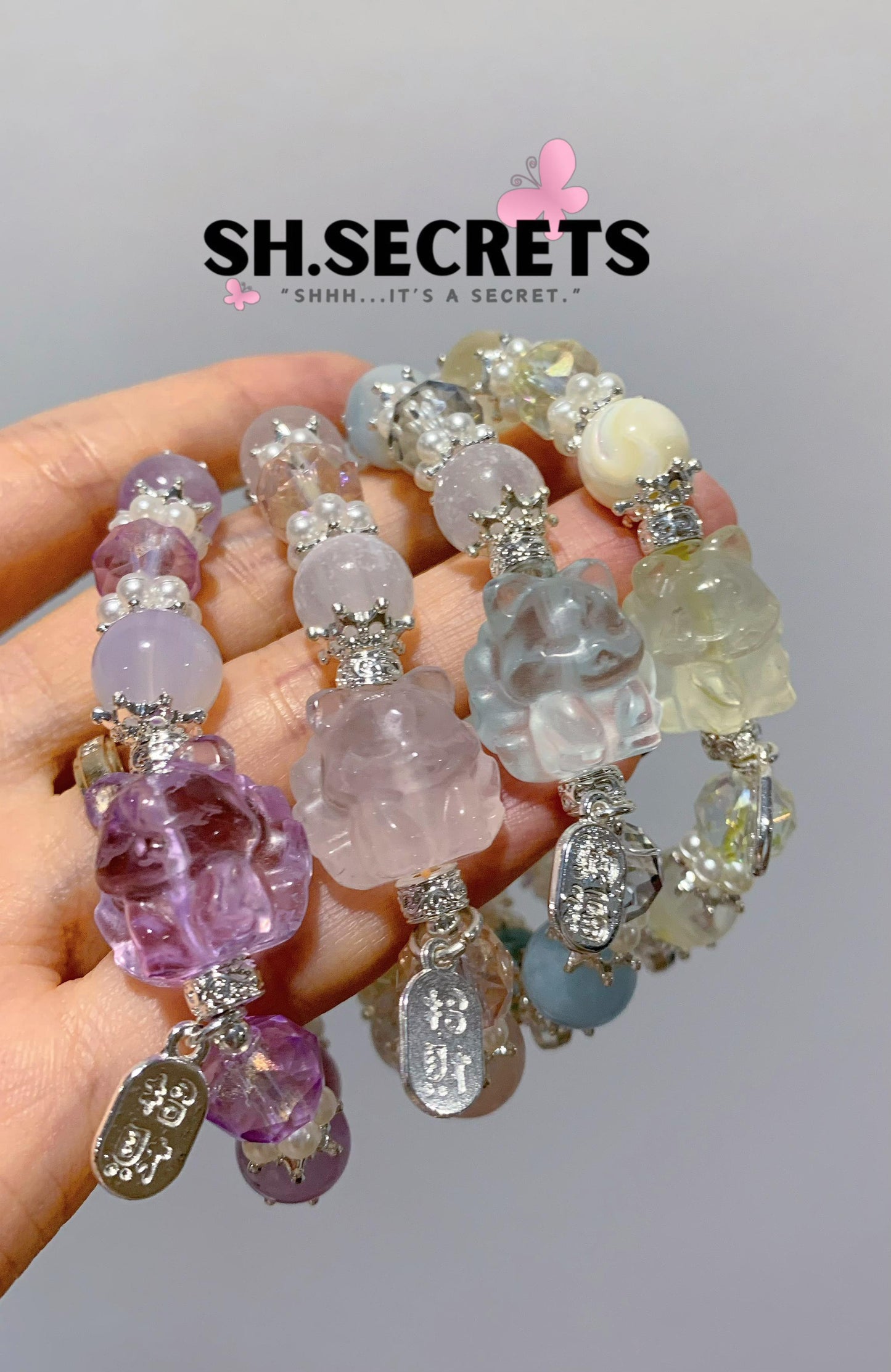 Rose Quartz, White Selenite, Crackled Quartz (Pink)