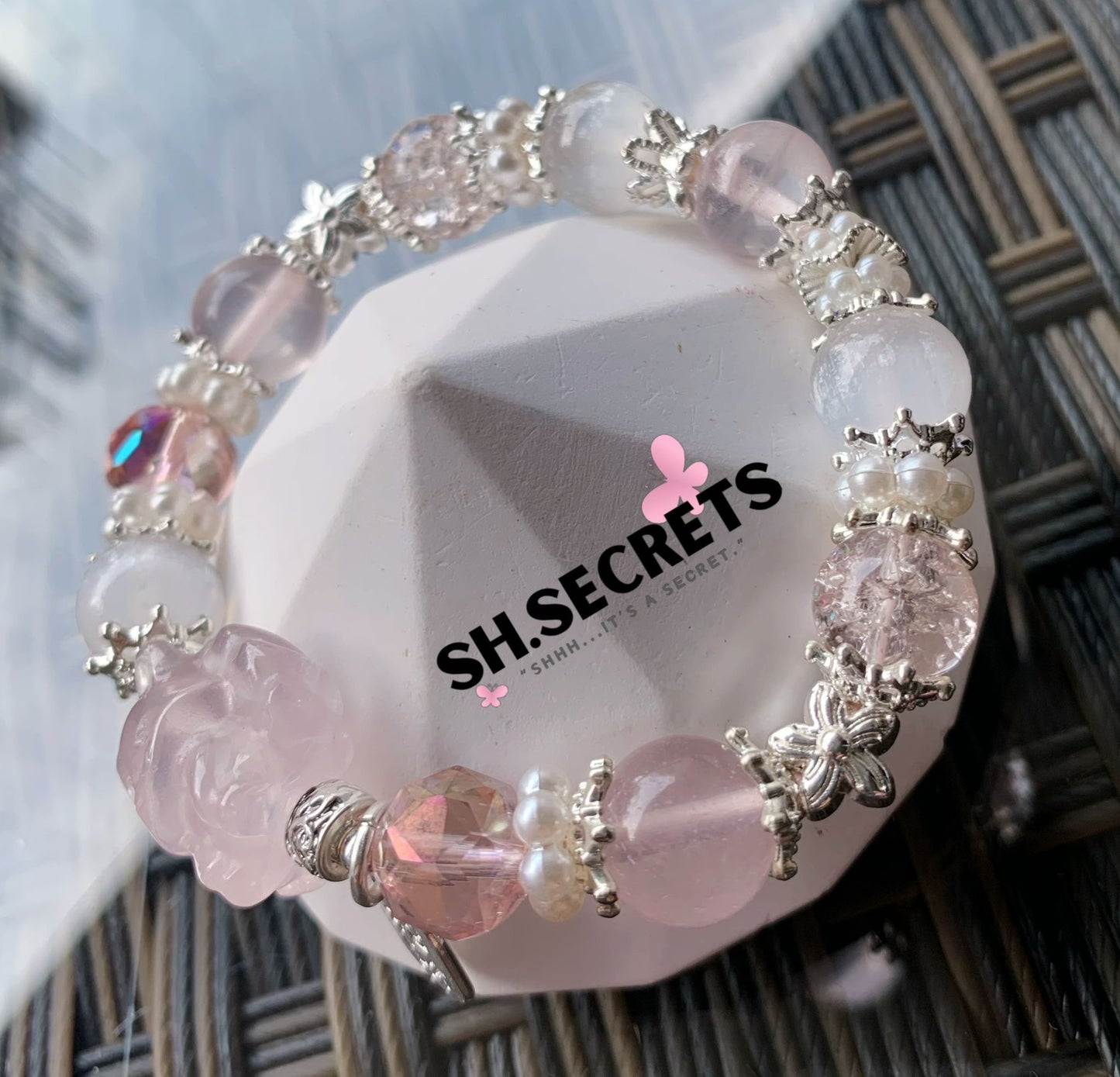Rose Quartz, White Selenite, Crackled Quartz (Pink)