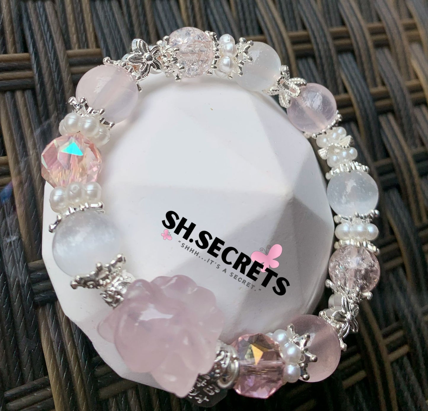 Rose Quartz, White Selenite, Crackled Quartz (Pink)