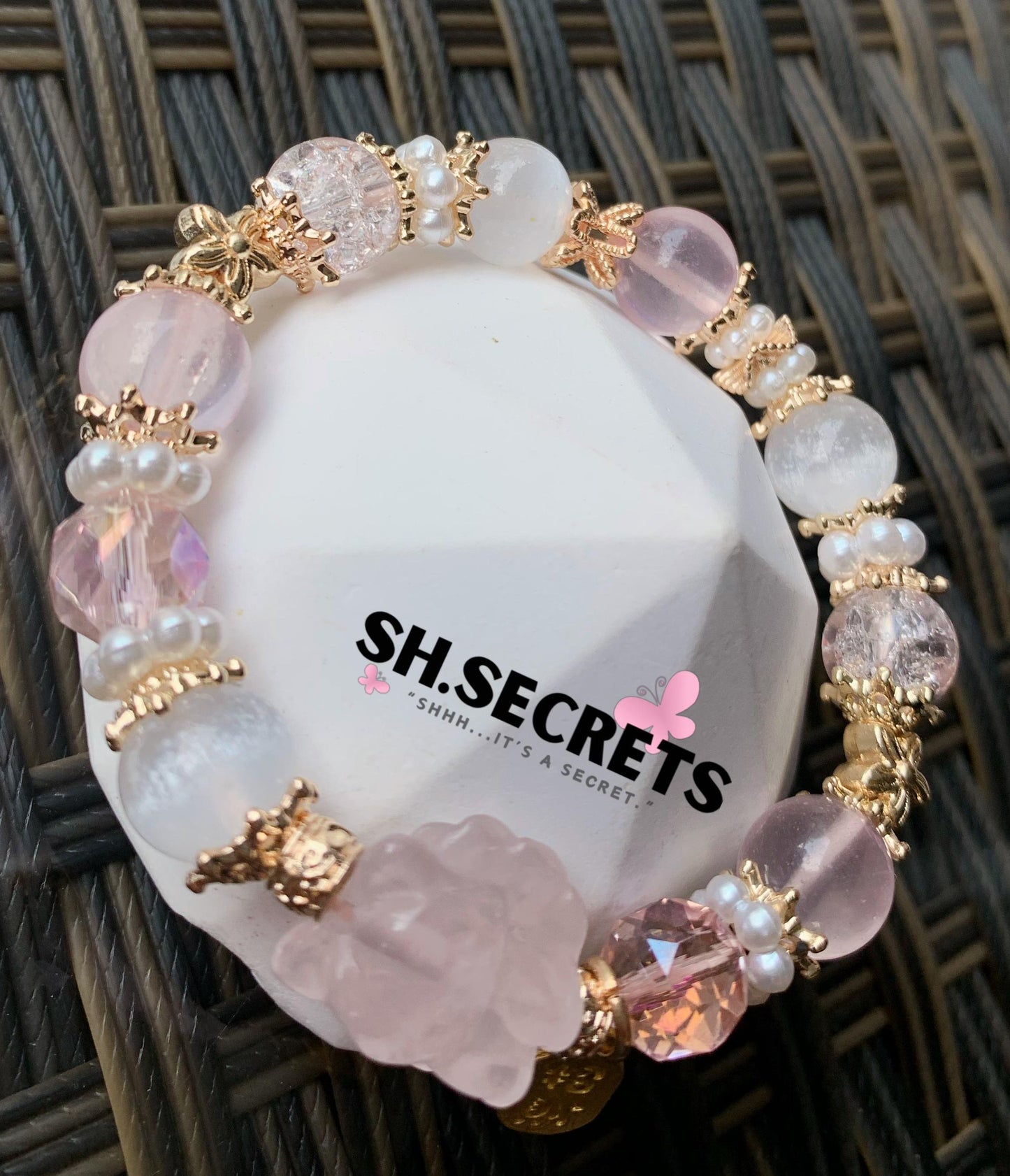 Rose Quartz, White Selenite, Crackled Quartz (Pink)