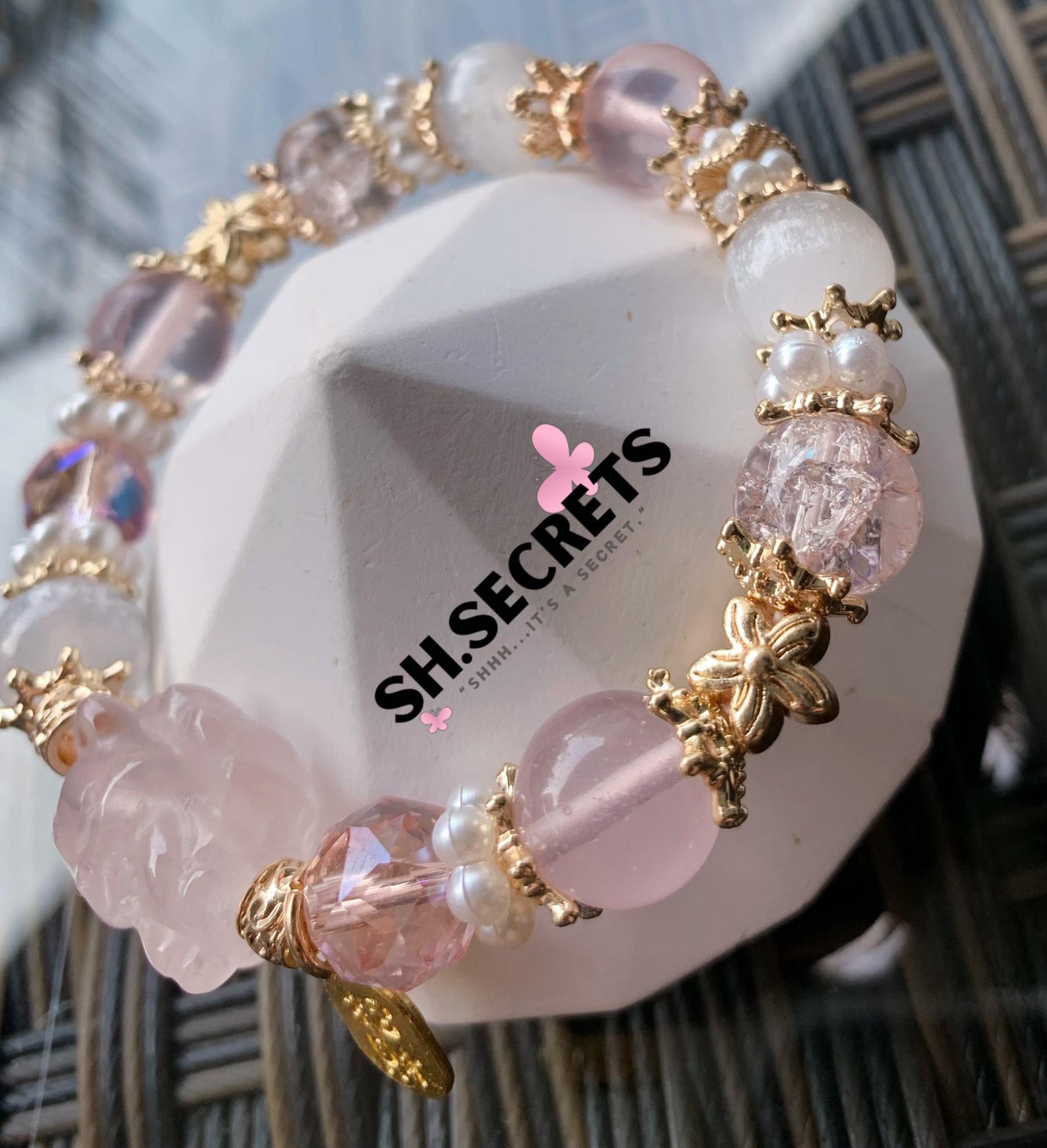 Rose Quartz, White Selenite, Crackled Quartz (Pink)