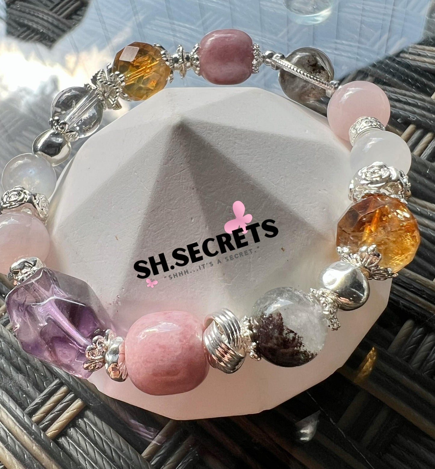 Amethyst, Green Phantom, Pink Chalcedony, Rose Quartz, Blue-Sheen Moonstone, Citrine