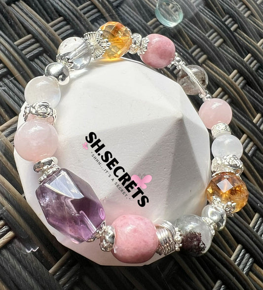 Amethyst, Green Phantom, Pink Chalcedony, Rose Quartz, Blue-Sheen Moonstone, Citrine