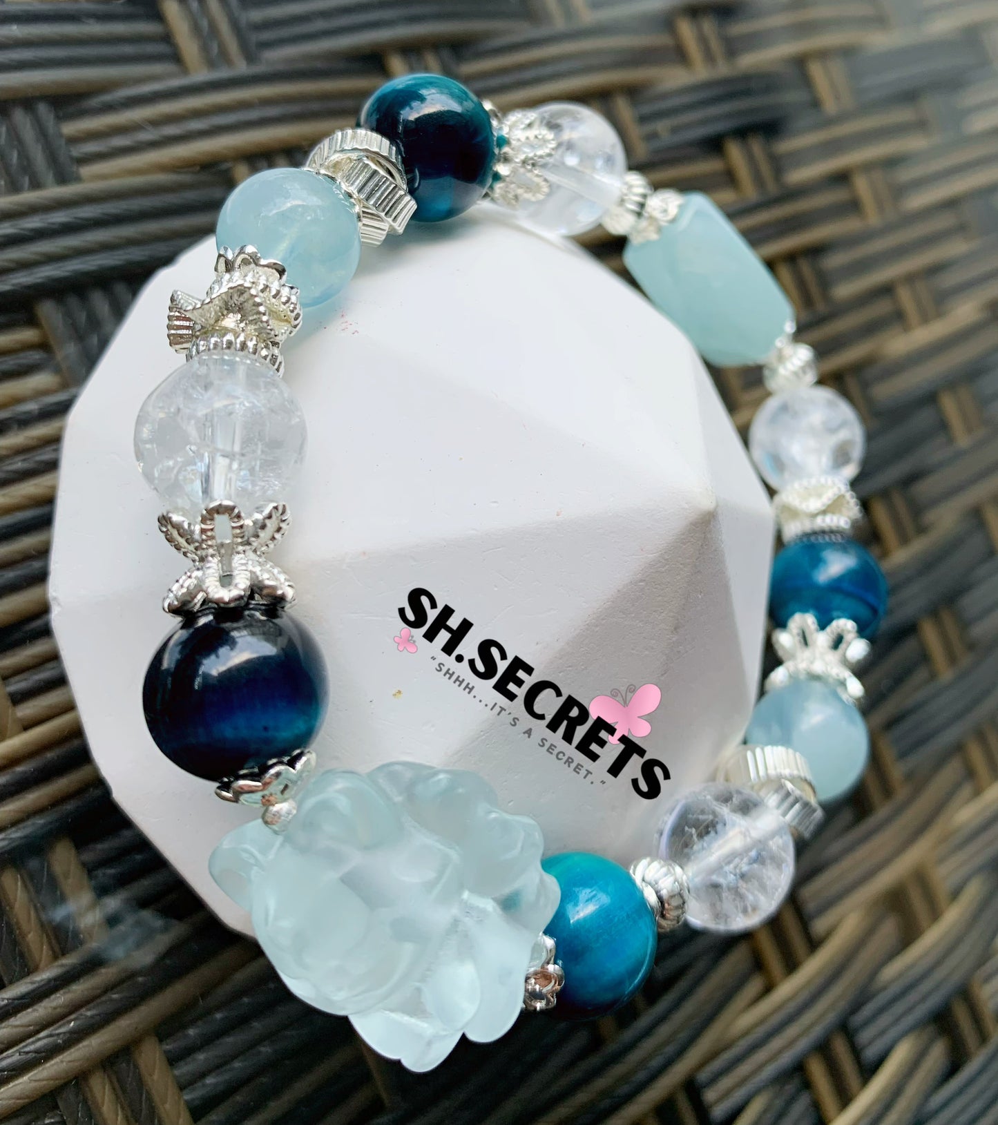 Blue Fluorite, Turquoise Tiger Eye, Crackled Quartz, Aquamarine