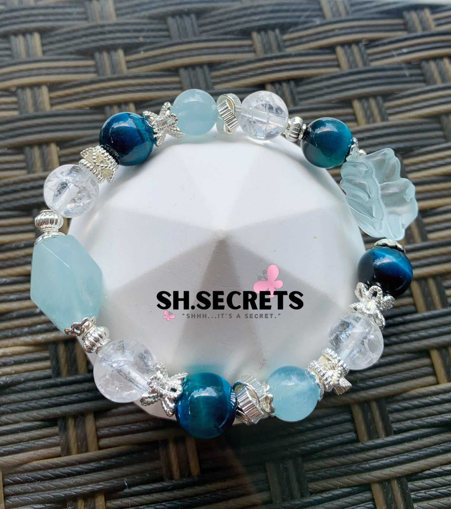 Blue Fluorite, Turquoise Tiger Eye, Crackled Quartz, Aquamarine