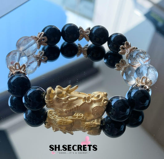 [PRE-ORDER] Hypersthene, Black Gold Super 7, 18K Gold-Plated Pixiu