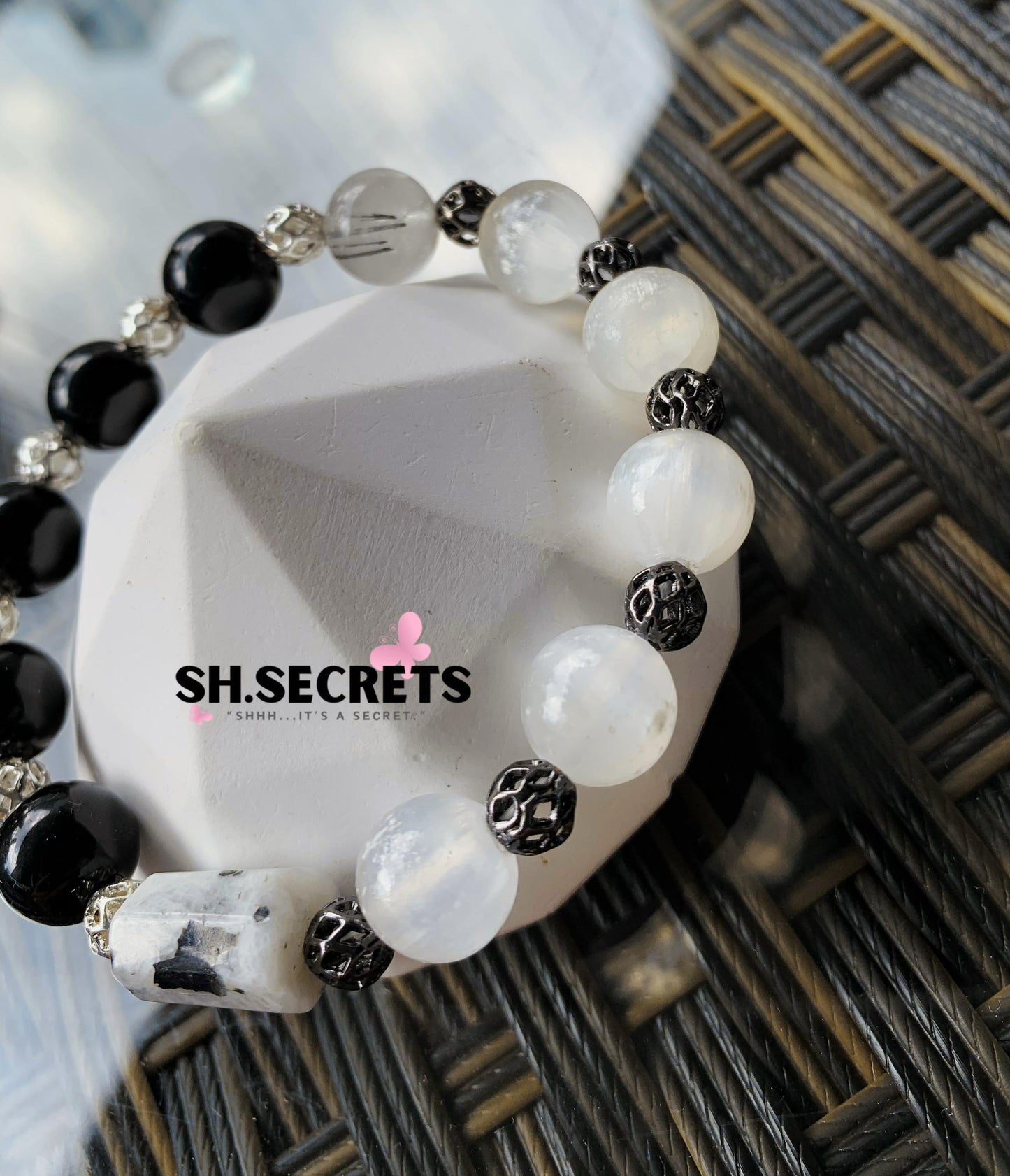 Black Obsidian, Black Rutile, White Selenite, Moonstone with Black Tourmaline inclusion