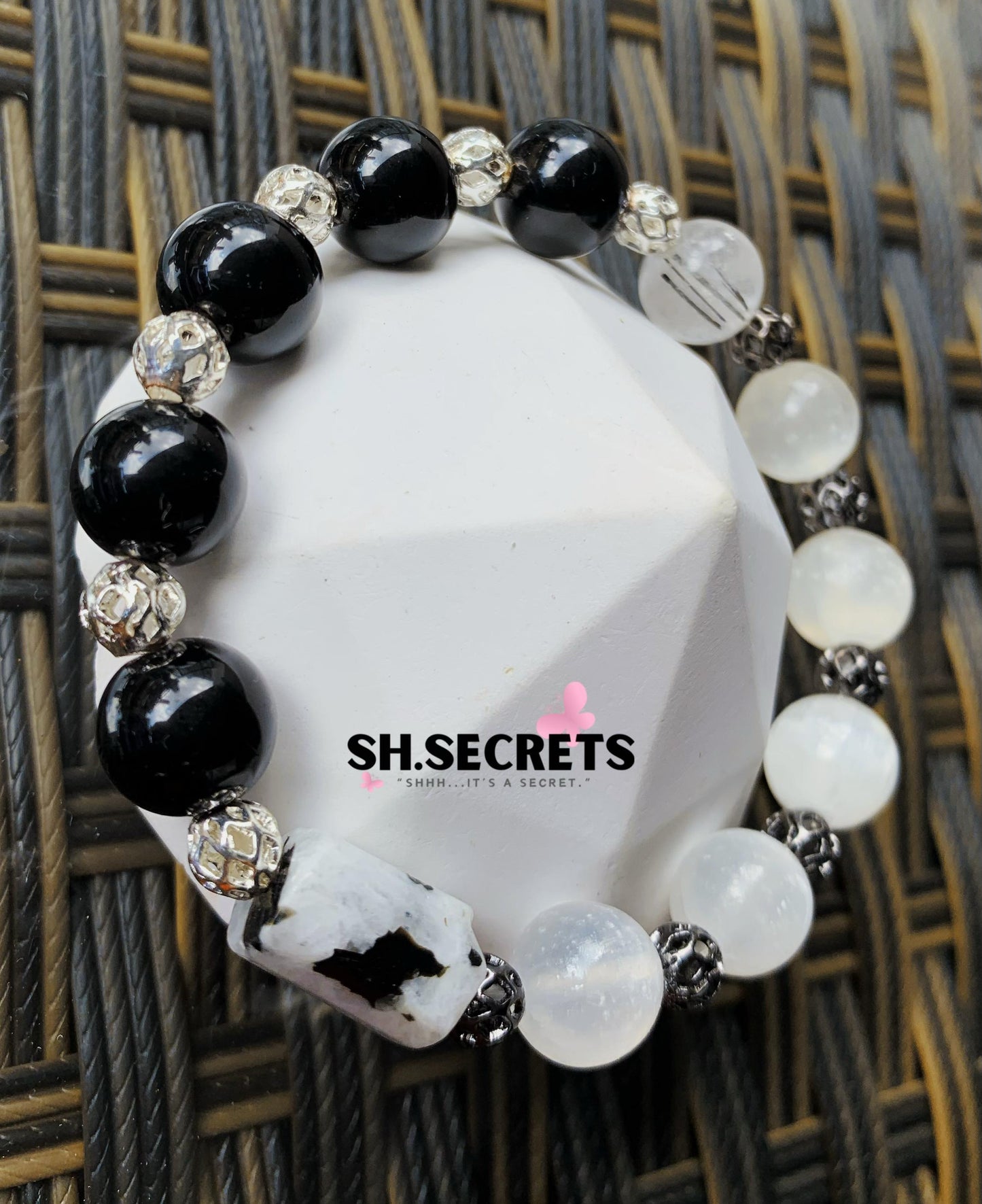 Black Obsidian, Black Rutile, White Selenite, Moonstone with Black Tourmaline inclusion