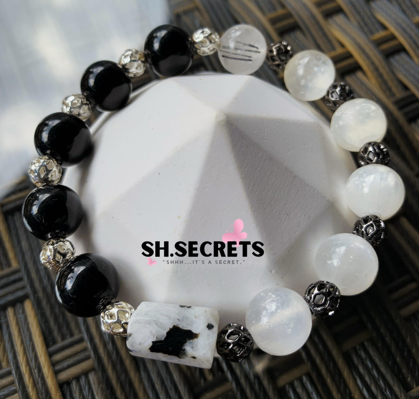 Black Obsidian, Black Rutile, White Selenite, Moonstone with Black Tourmaline inclusion