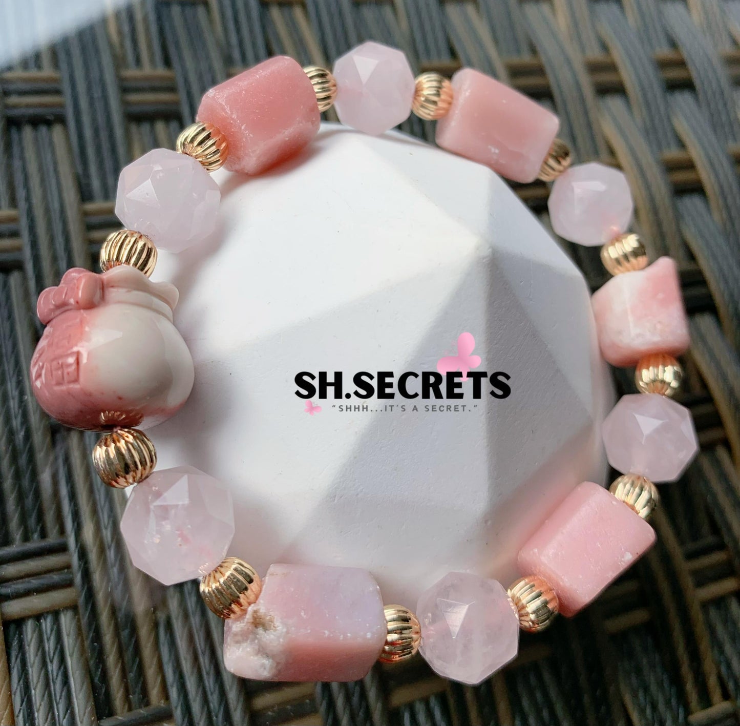 Raw Pink Opal, Rose Quartz, Alashan Prosperity Bag
