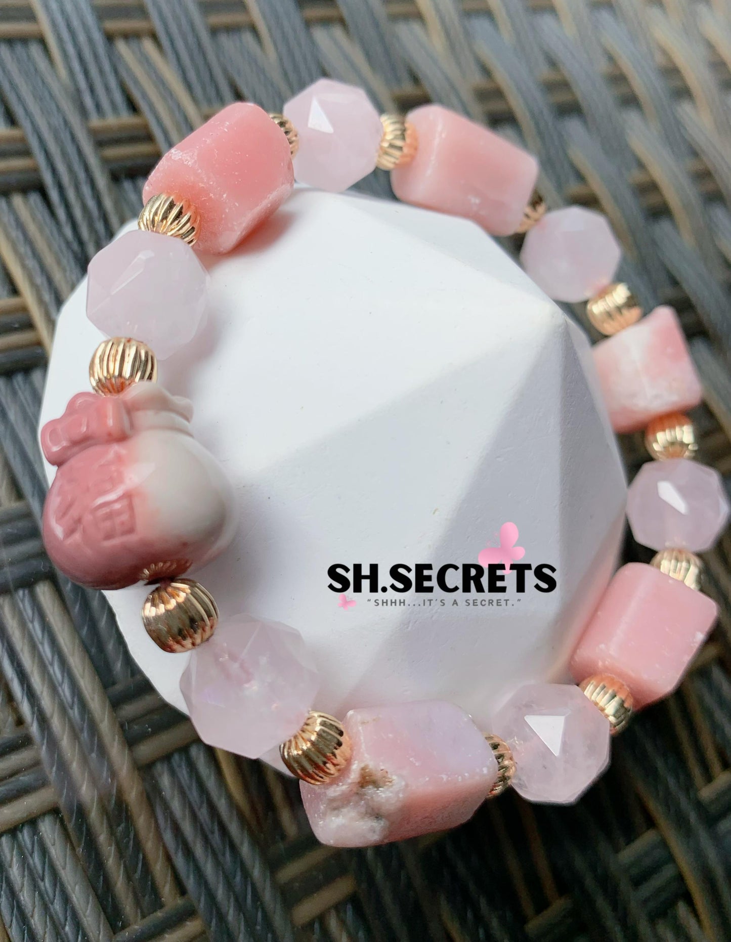 Raw Pink Opal, Rose Quartz, Alashan Prosperity Bag