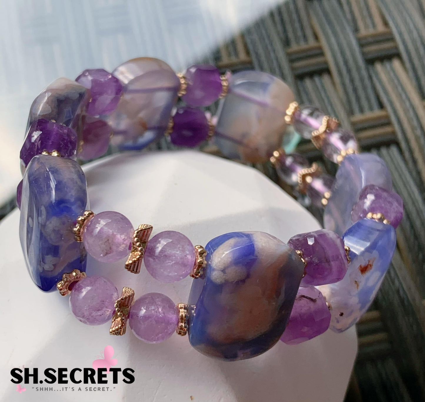 $15 SALE - Blue Sakura Agate, Amethyst Bangle