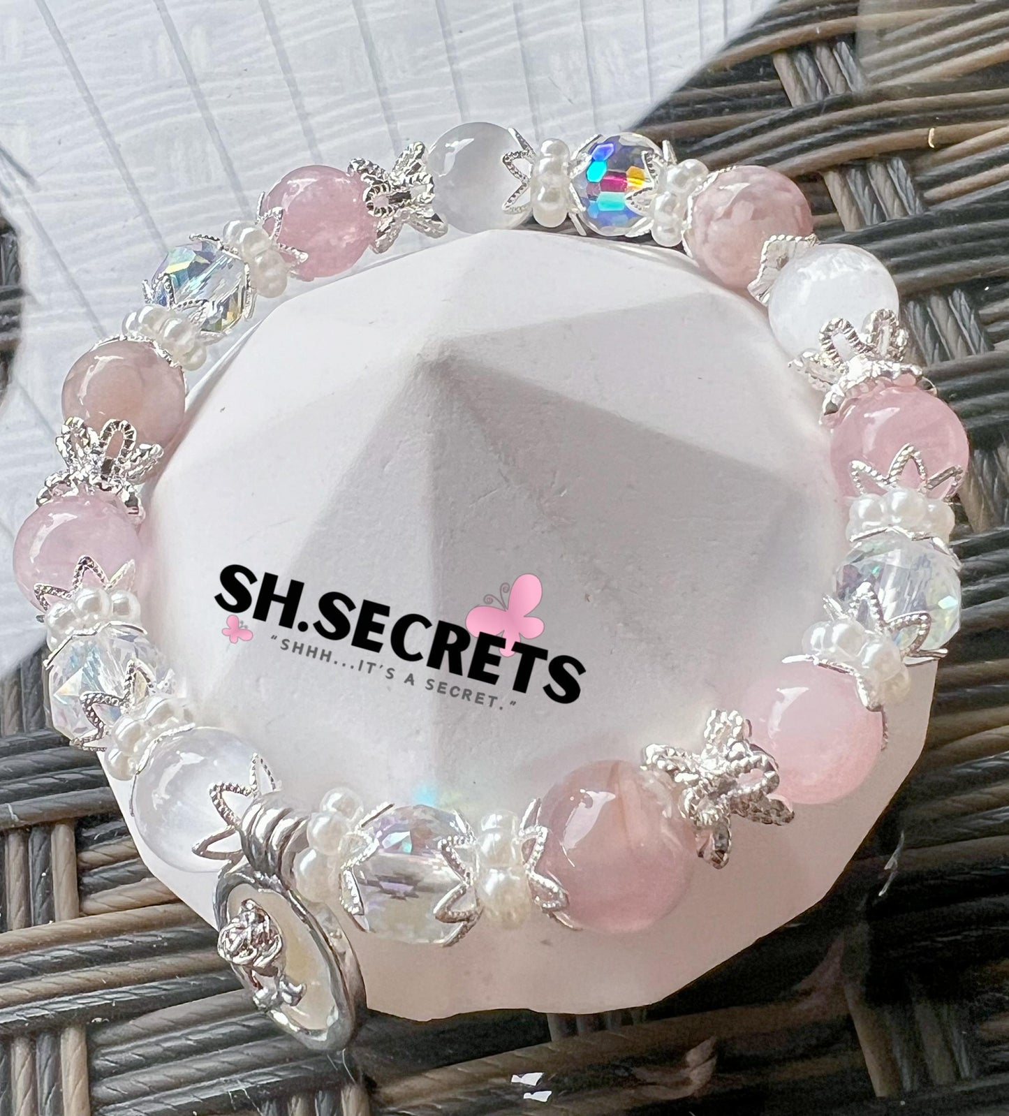 Rose Quartz, White Selenite, Blue Sakura Agate