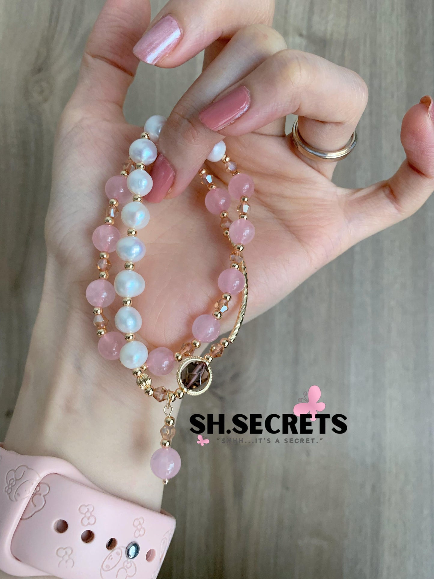 Freshwater Pear, Smoky Quartz, Rose Quartz