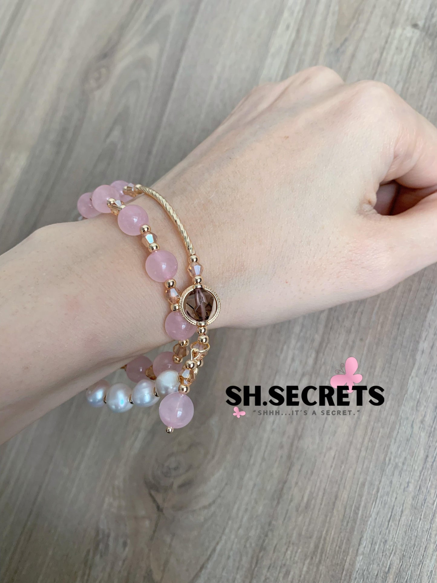 Freshwater Pear, Smoky Quartz, Rose Quartz