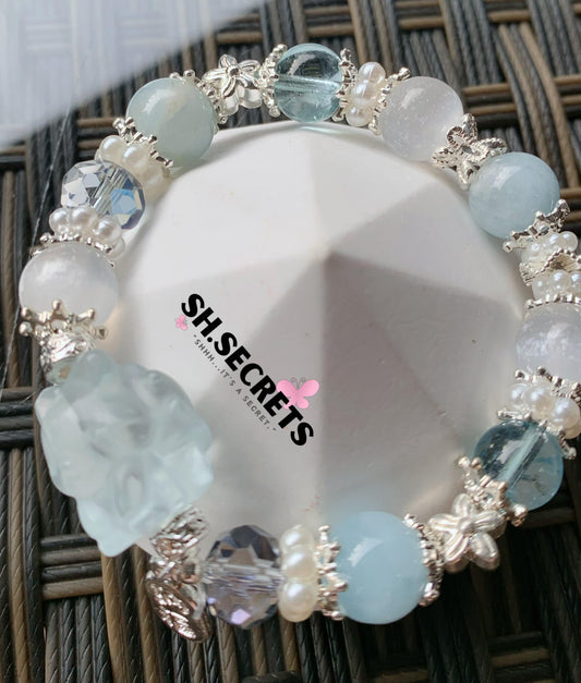 Aquamarine, Blue Fluorite, White Selenite, Crackled Quartz (Blue)