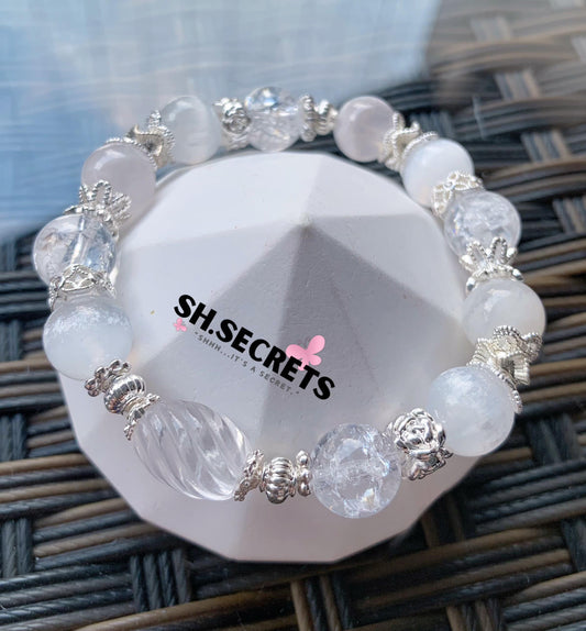 Clear Quartz, White Snowflake Phantom, White Selenite, Crackled Clear Quartz