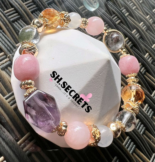Amethyst, Green Phantom, Pink Chalcedony, Rose Quartz, Blue-Sheen Moonstone, Citrine
