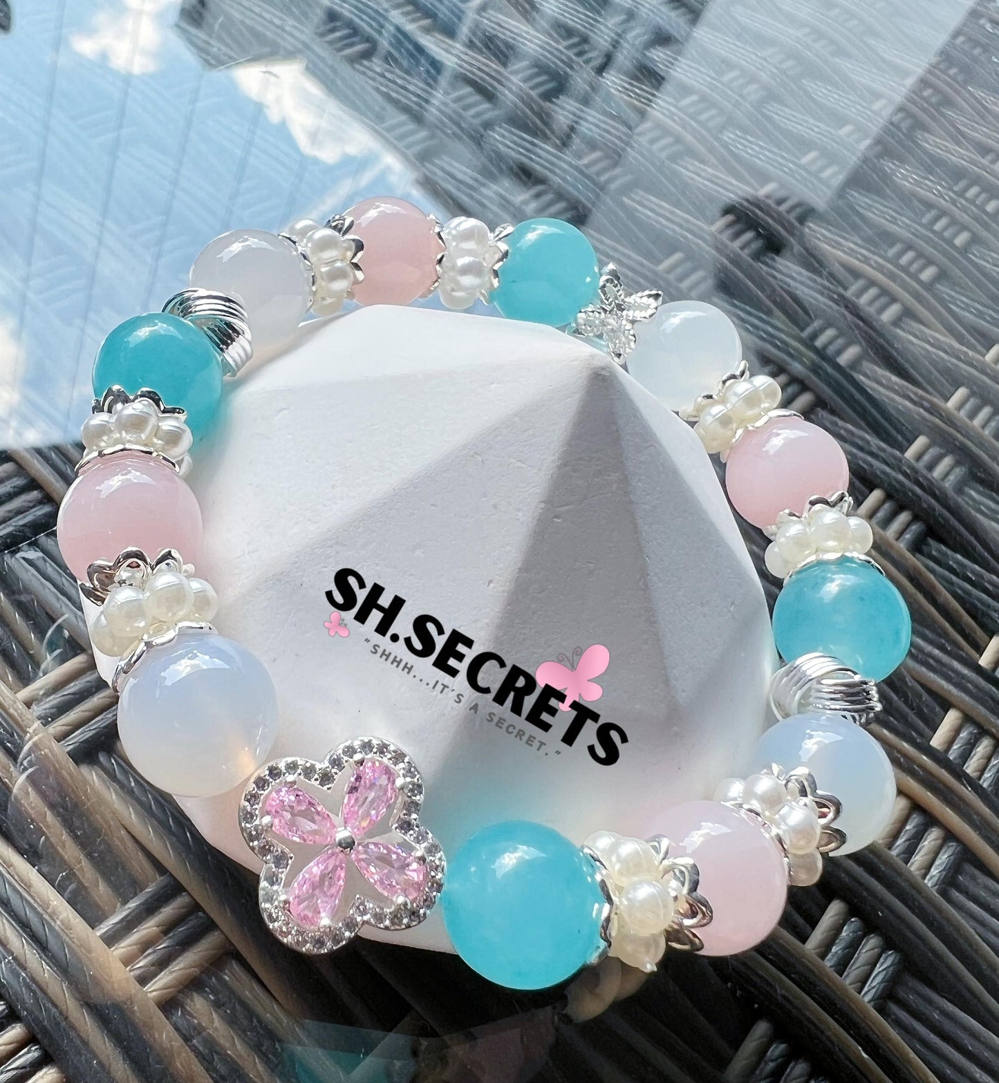 Blue Chalcedony, Lychee Agate, Rose Quartz
